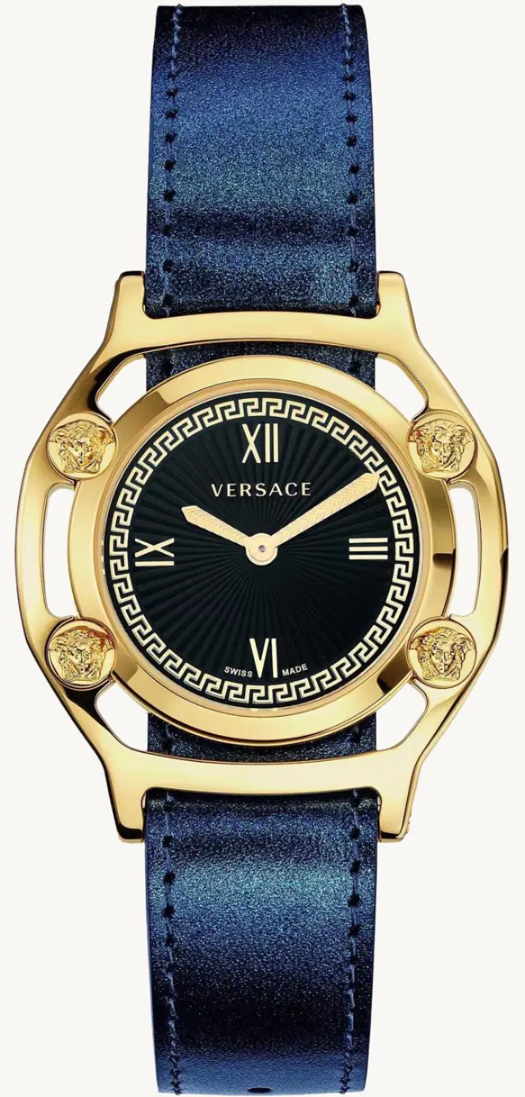 Versace VEVF00820 Medusa Frame ladies watch set featuring a gold-tone watch with Medusa logo, interchangeable bezels, and luxury gift packaging.