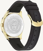 Versace VE8A00224 V-Circle ladies watch with silver-tone dial, gold-tone stainless steel mesh bracelet, and Greca pattern detailing.