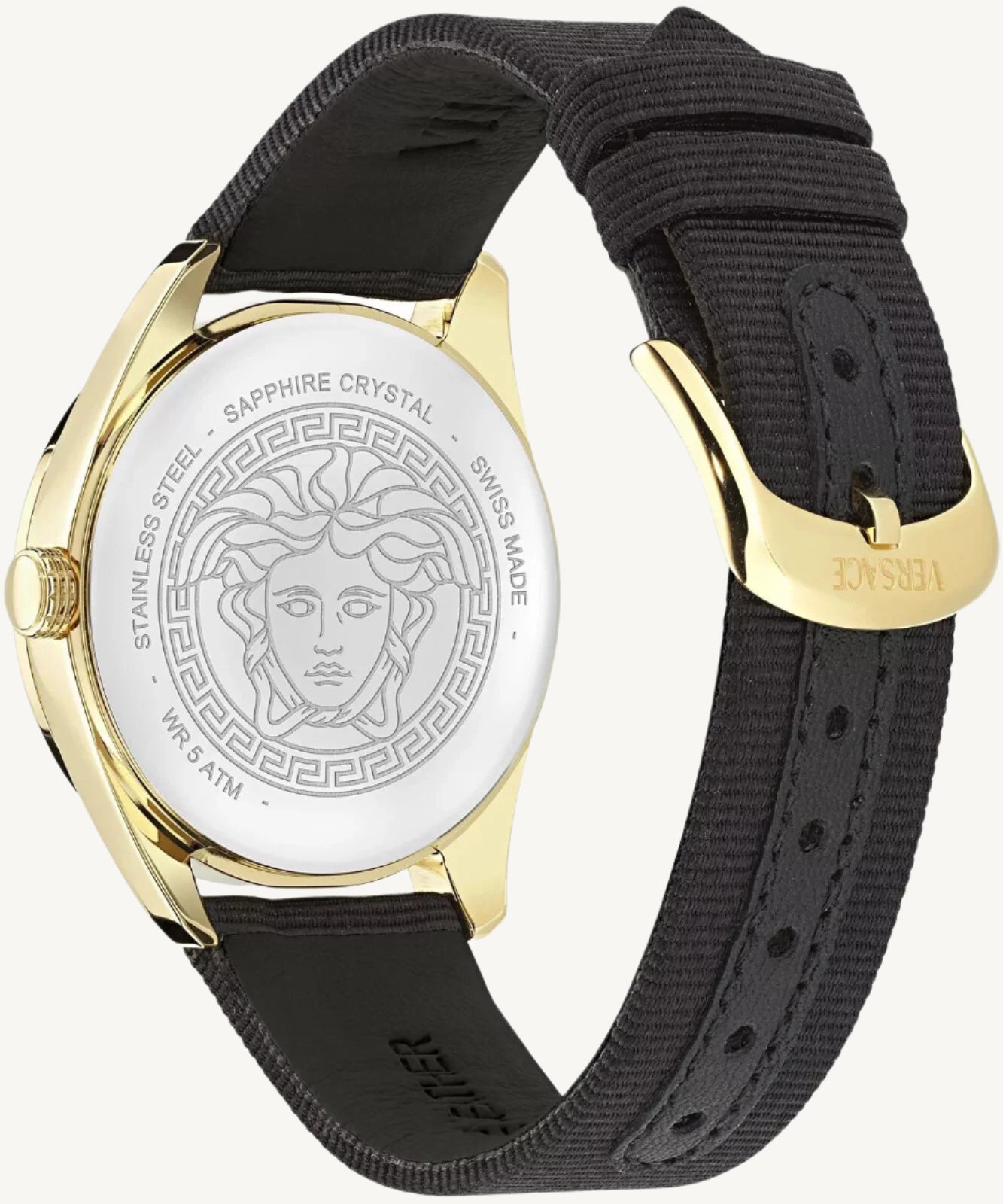 Versace VE8A00224 V-Circle ladies watch with silver-tone dial, gold-tone stainless steel mesh bracelet, and Greca pattern detailing.