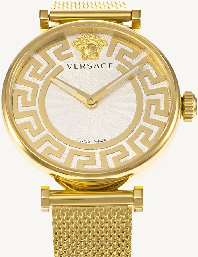 Versace VE1CA0623 Lady ladies watch with gold-tone polished/matte stainless steel case and bracelet, silver-gold dial, sapphire glass – elegant Swiss quartz luxury watch for women.