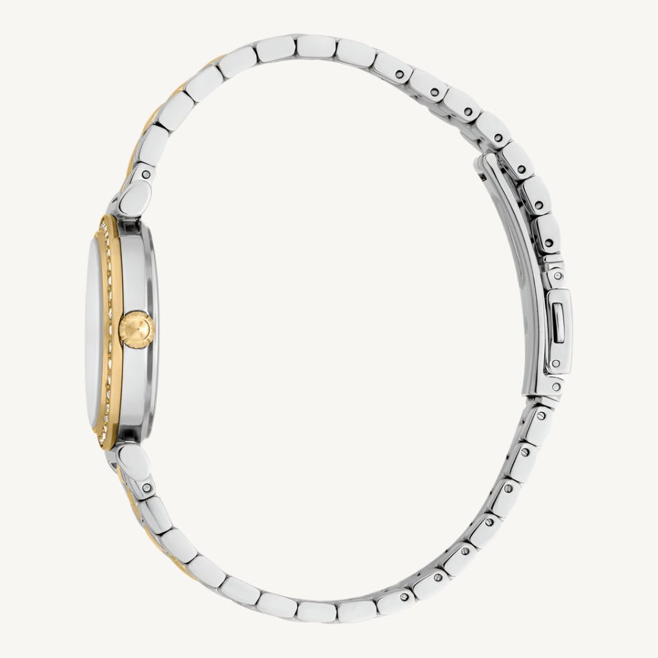 Just Cavalli Varenna Set JC1L273M0085 ladies watch with silver and gold polished stainless steel case and strap, silver dial, and crystal-set bezel.