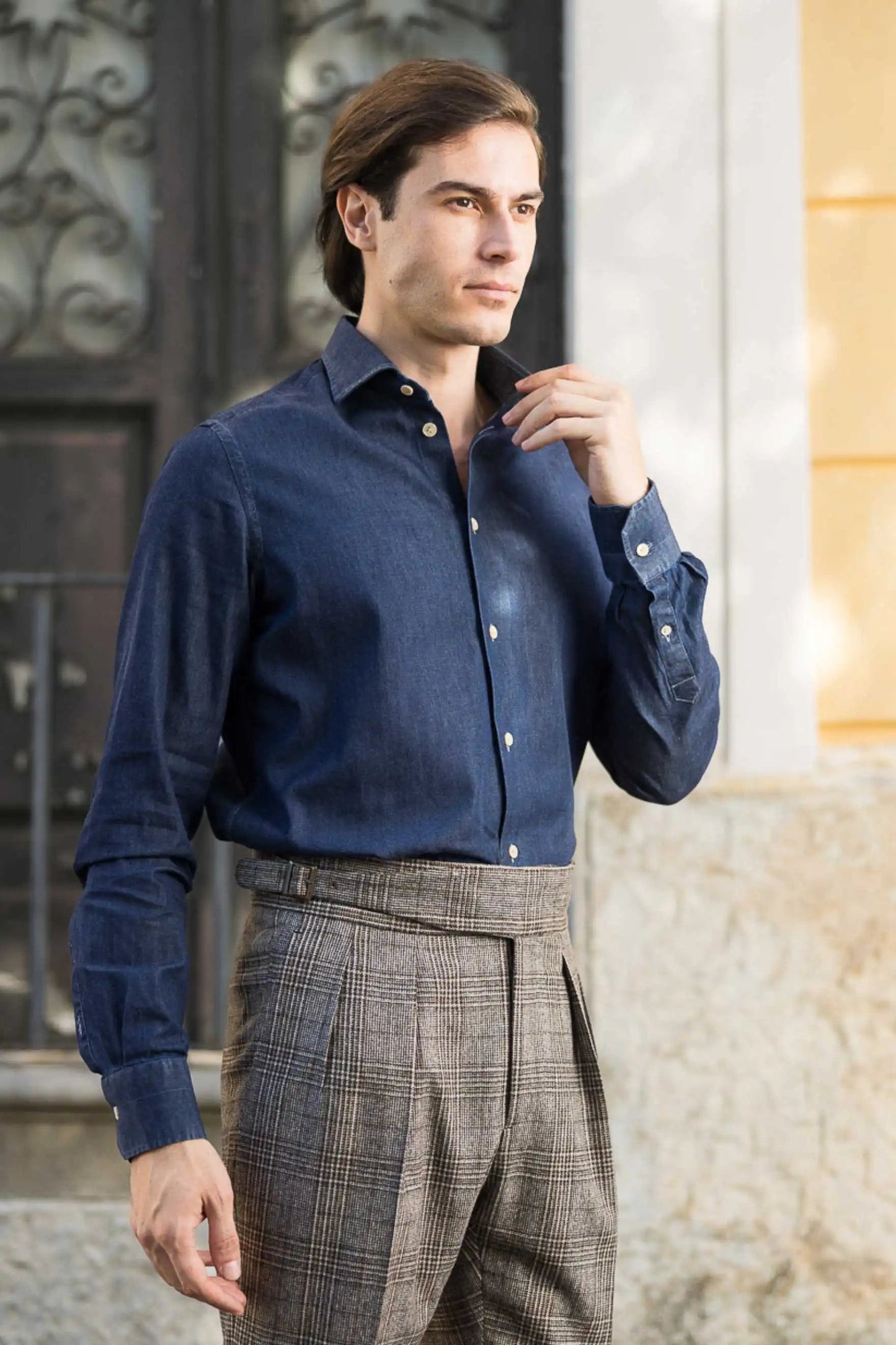 Blue denim shirt made from 100% cotton — durable, breathable, and versatile, suitable for year-round wear, perfect for casual and smart-casual outfits.