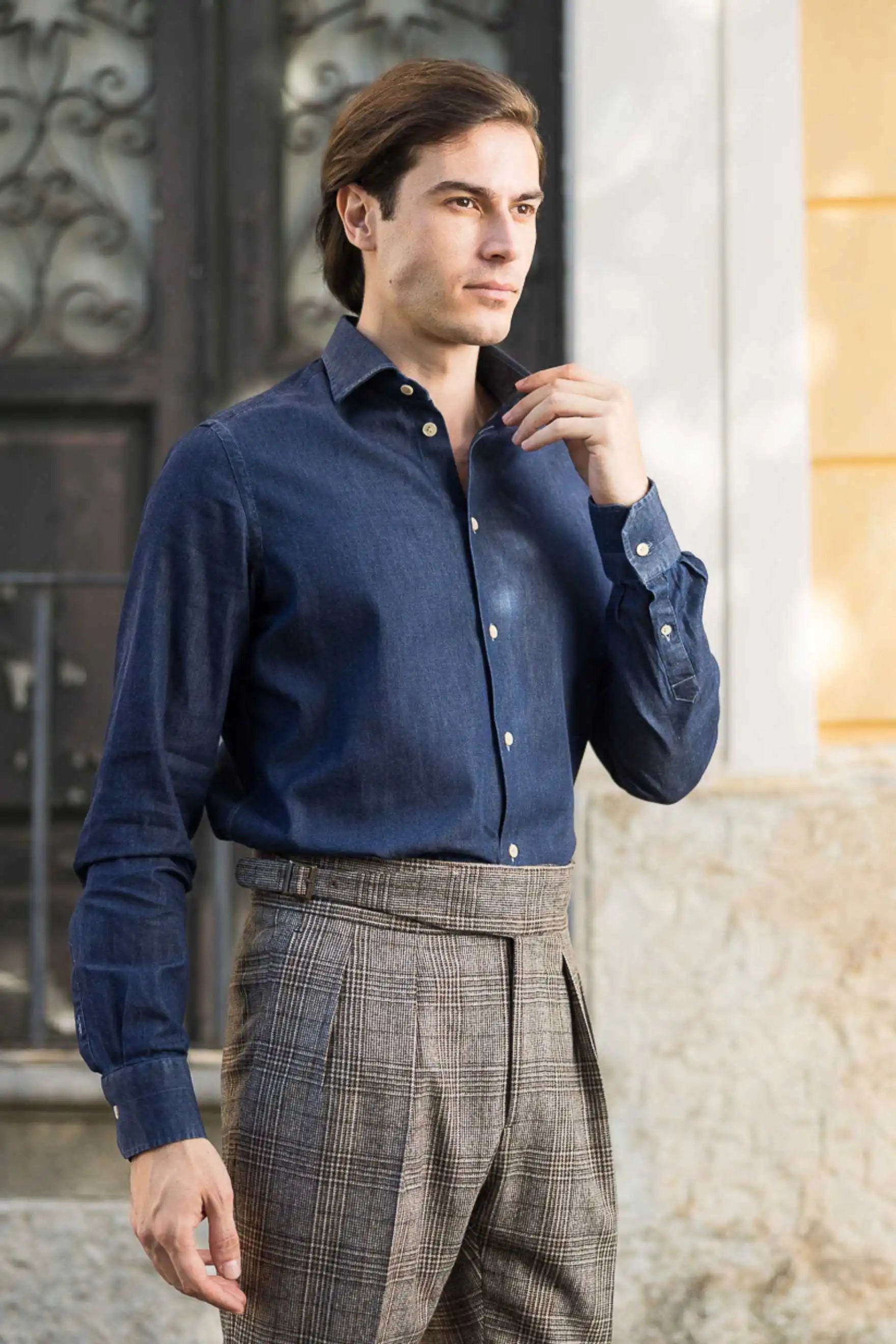 Blue denim shirt made from 100% cotton — durable, breathable, and versatile, suitable for year-round wear, perfect for casual and smart-casual outfits.