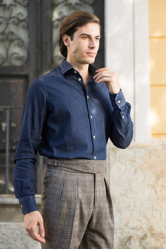 Blue denim shirt made from 100% cotton — durable, breathable, and versatile, suitable for year-round wear, perfect for casual and smart-casual outfits.