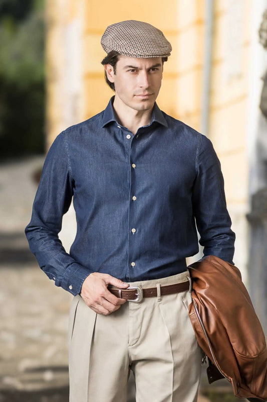 Blue denim shirt made from 100% cotton — durable, breathable, and versatile, suitable for year-round wear, perfect for casual and smart-casual outfits.