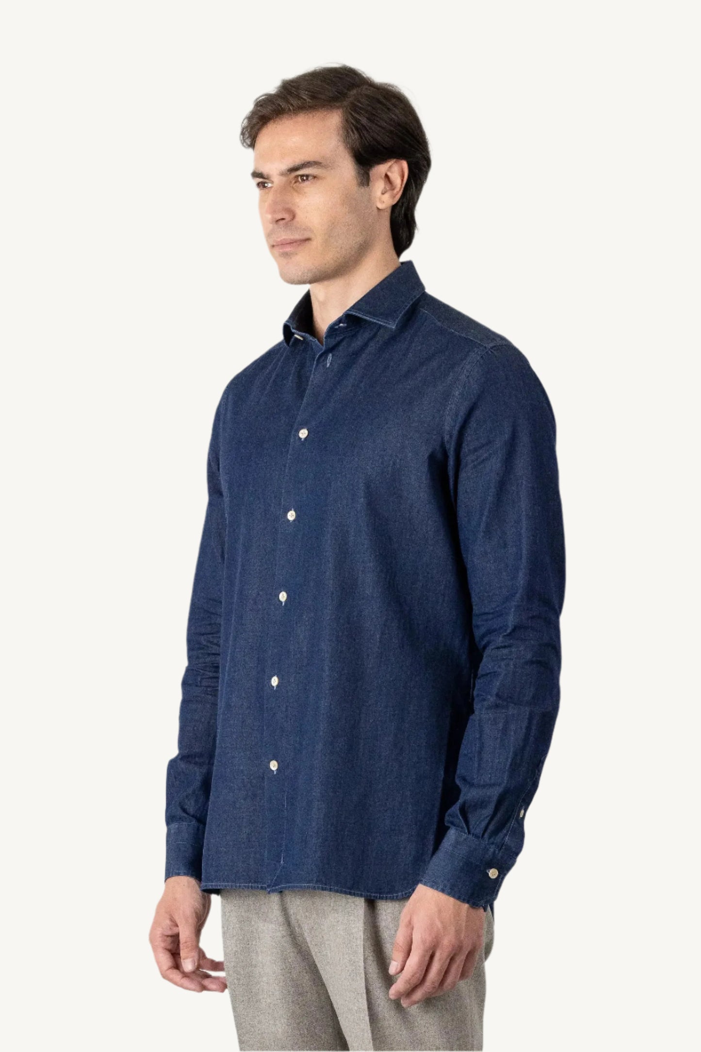 Blue denim shirt made from 100% cotton — durable, breathable, and versatile, suitable for year-round wear, perfect for casual and smart-casual outfits.