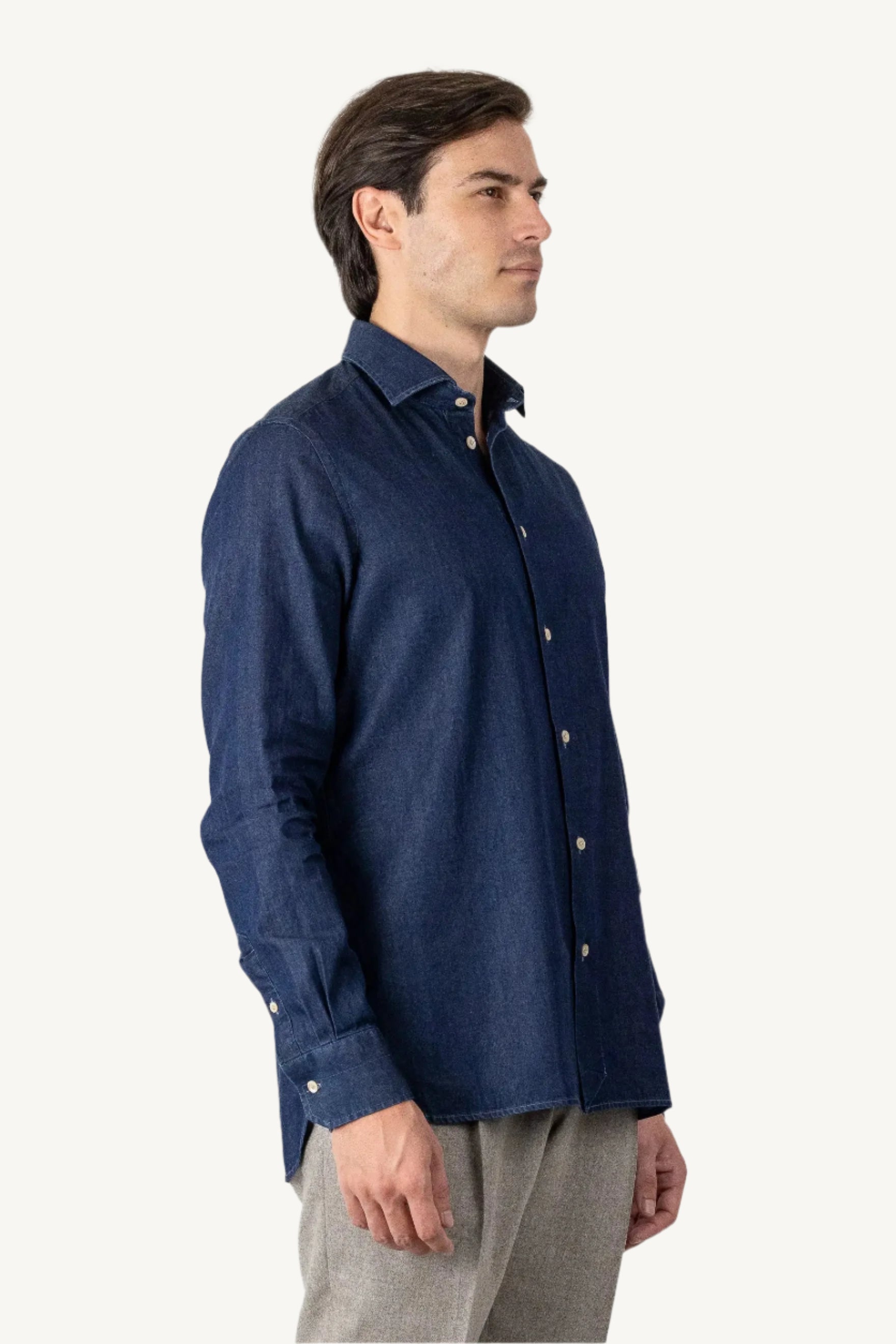 Blue denim shirt made from 100% cotton — durable, breathable, and versatile, suitable for year-round wear, perfect for casual and smart-casual outfits.
