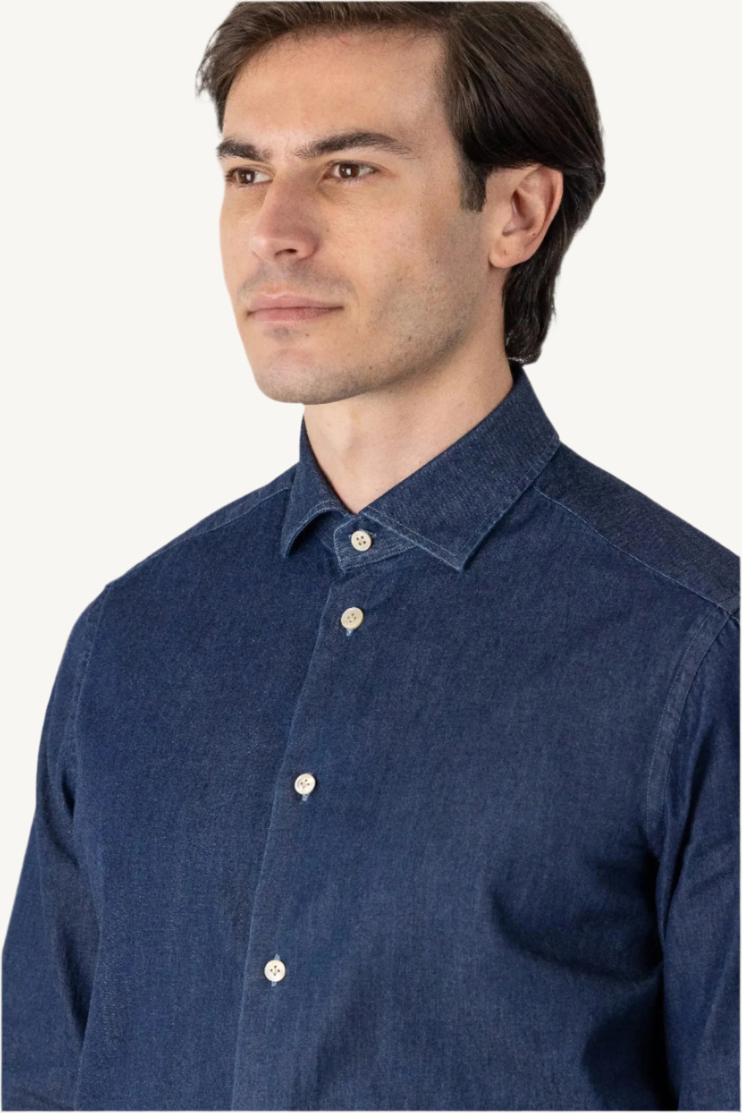 Blue denim shirt made from 100% cotton — durable, breathable, and versatile, suitable for year-round wear, perfect for casual and smart-casual outfits.