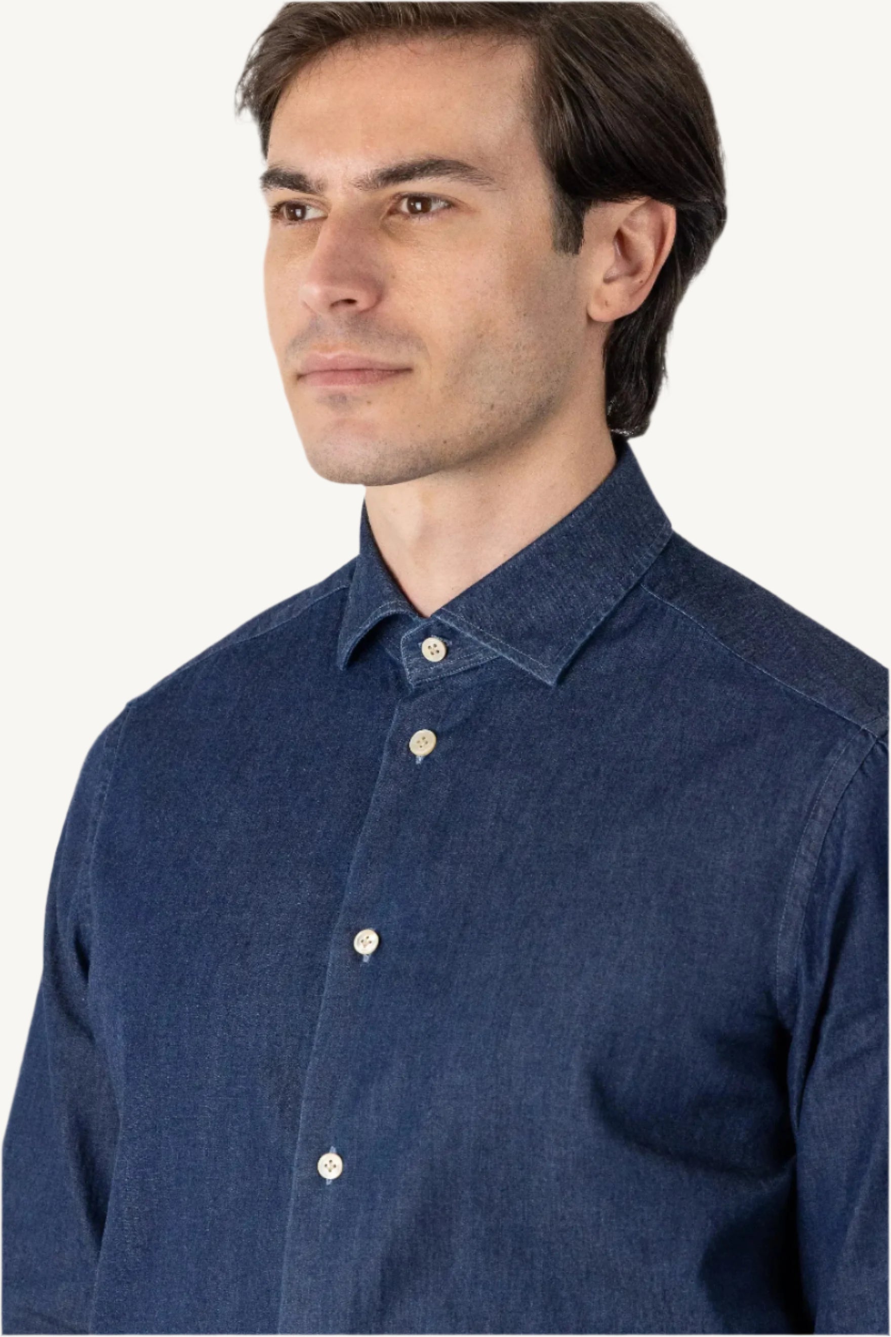Blue denim shirt made from 100% cotton — durable, breathable, and versatile, suitable for year-round wear, perfect for casual and smart-casual outfits.