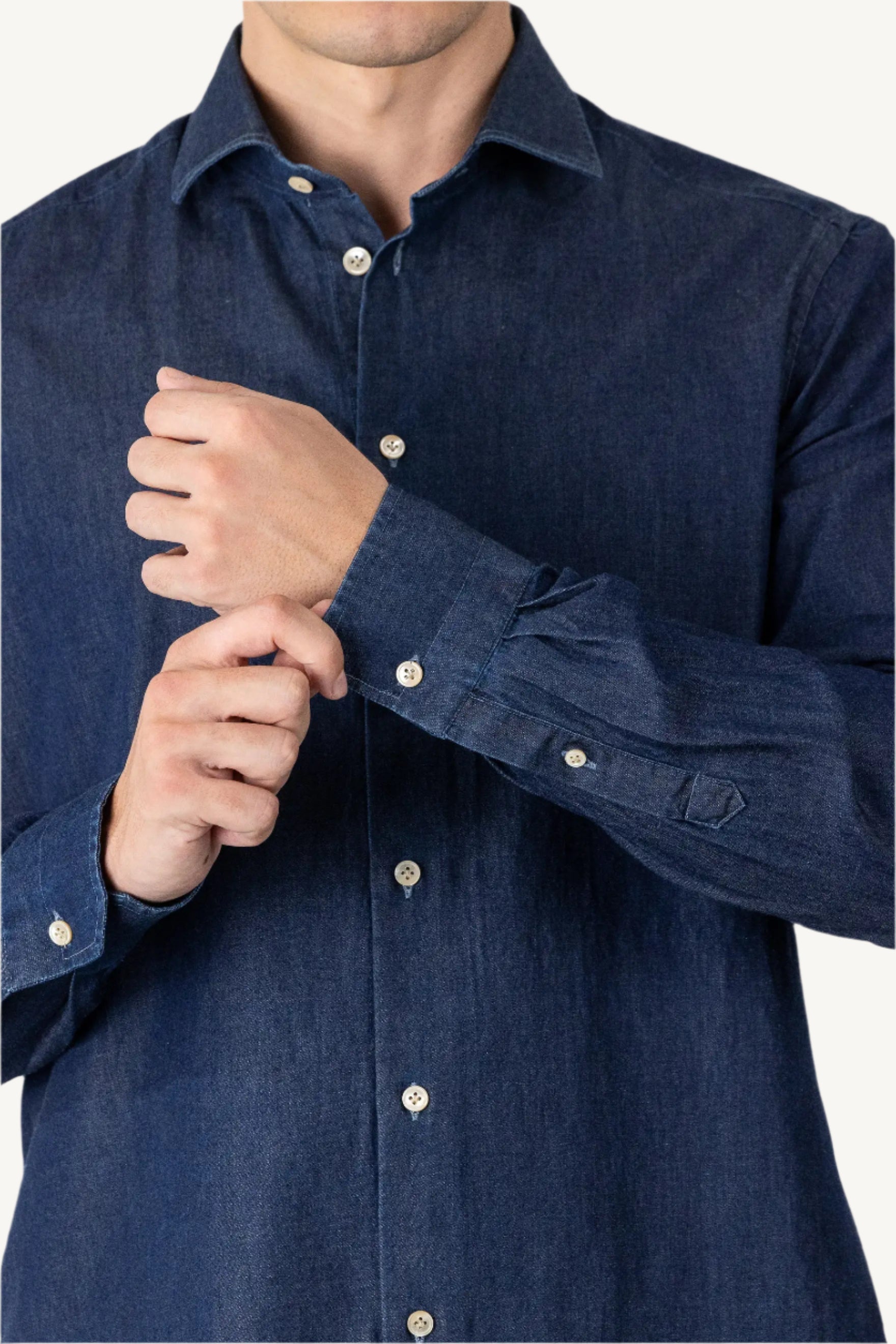 Blue denim shirt made from 100% cotton — durable, breathable, and versatile, suitable for year-round wear, perfect for casual and smart-casual outfits.