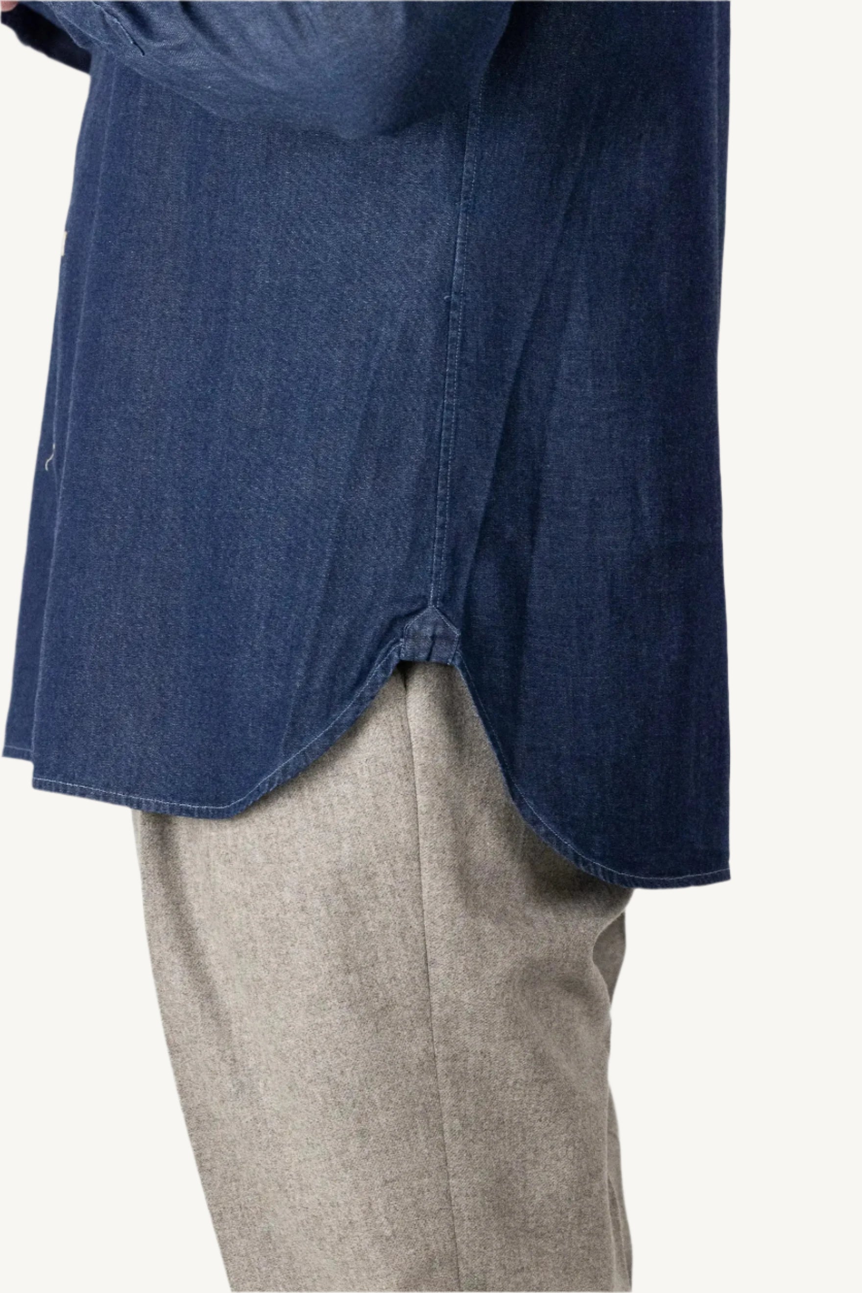Blue denim shirt made from 100% cotton — durable, breathable, and versatile, suitable for year-round wear, perfect for casual and smart-casual outfits.
