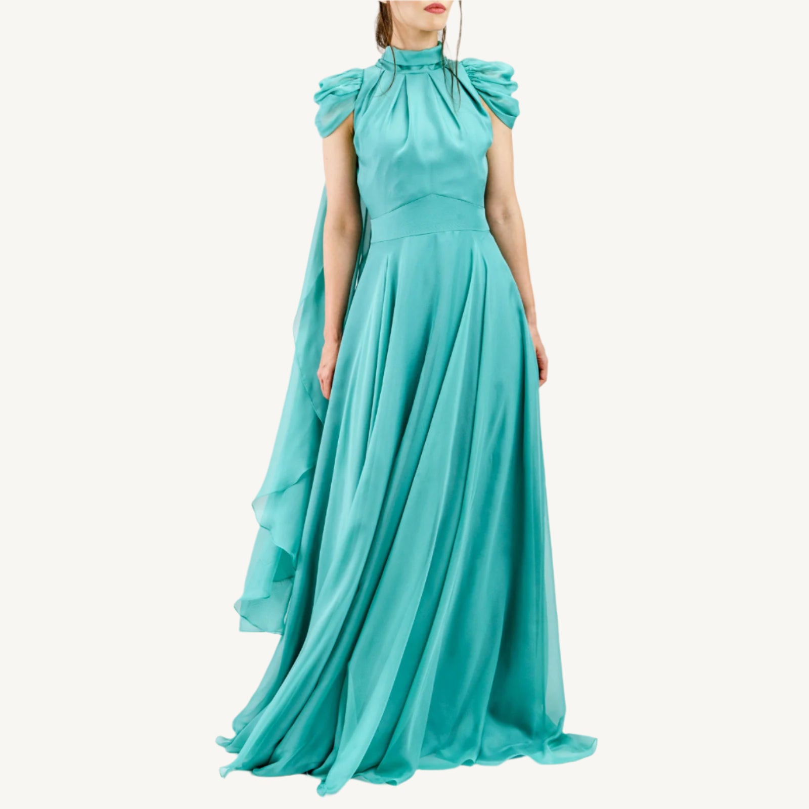 Elegant high-collar gown with long tie-back sides, adjustable sleeves, chiffon and satin layered skirt, built-in V-shaped belt, and invisible back zipper. Made from premium Italian fabrics, fully lined for comfort.