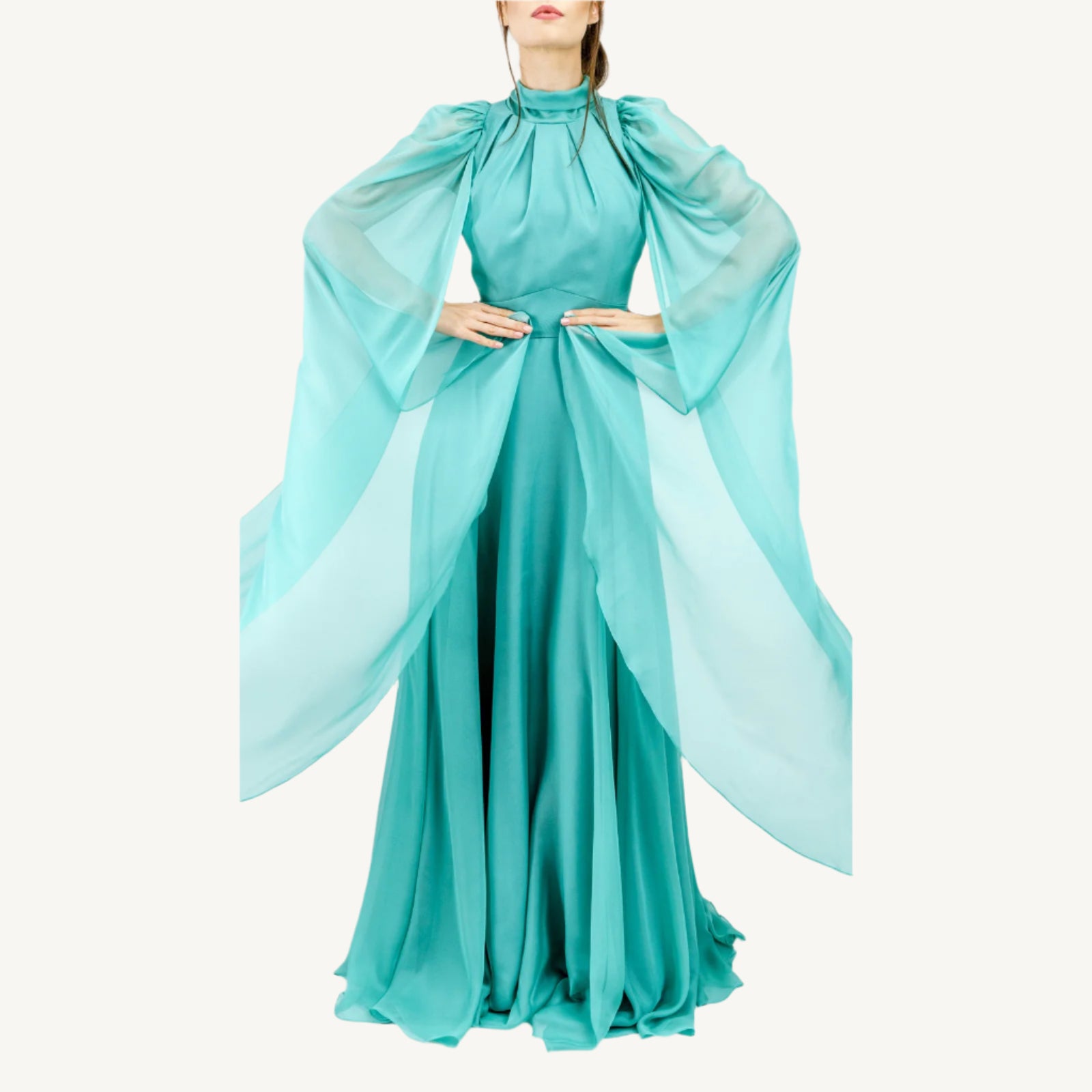 Elegant high-collar gown with long tie-back sides, adjustable sleeves, chiffon and satin layered skirt, built-in V-shaped belt, and invisible back zipper. Made from premium Italian fabrics, fully lined for comfort.