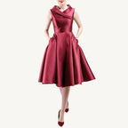 Versatile vintage-inspired dress crafted from pearlescent mikado — lightweight and voluminous with a fitted top, sculpted collar, and a hidden zipper for nursing mothers. Suitable for both daytime and evening events.