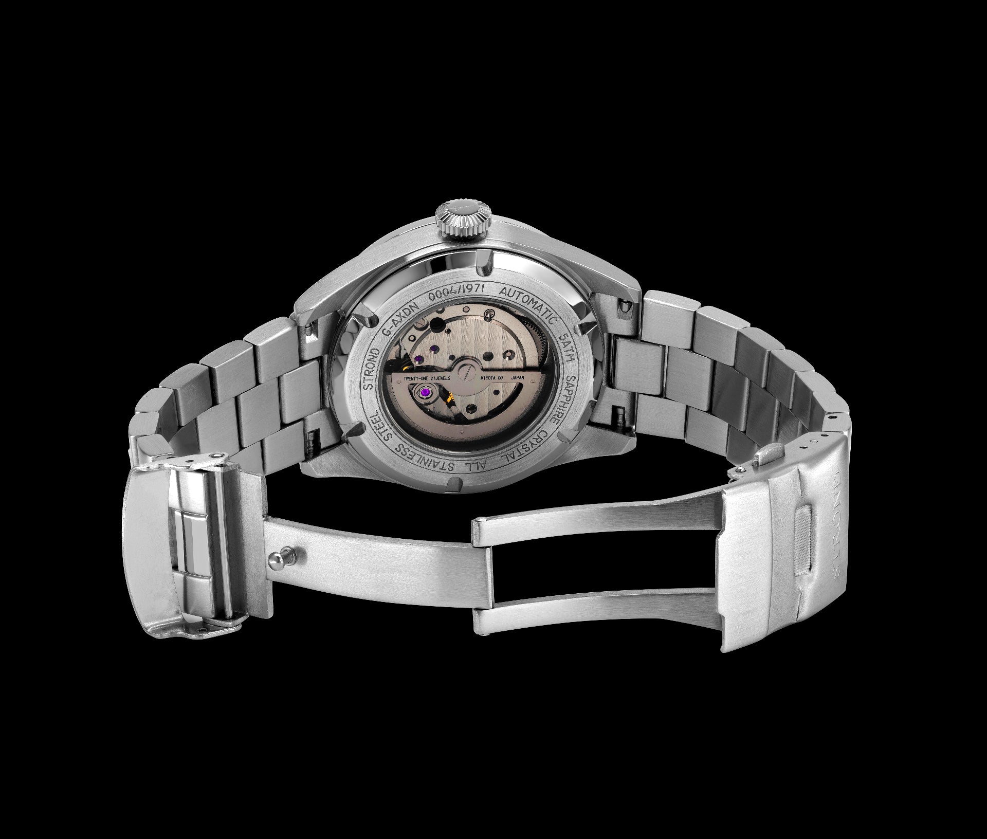 Silver watch with visible mechanical components on a black background