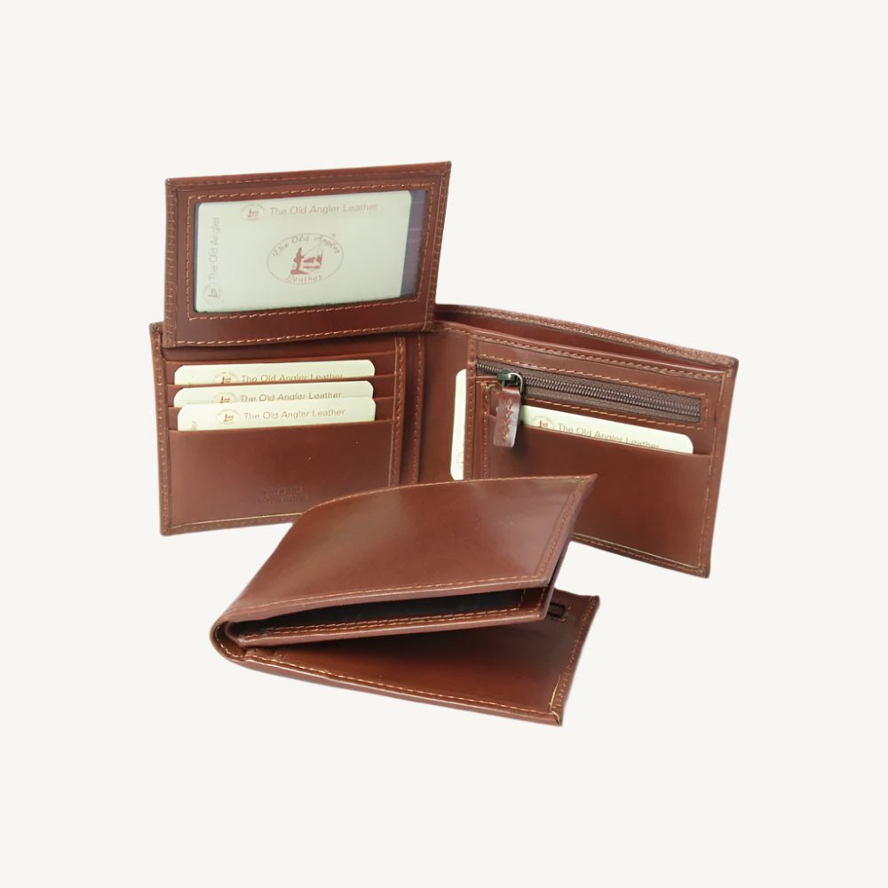 "Full grain leather wallet with RFID blocking, ID window, two bill compartments, eight card slots, zip coin pocket, and five stow pockets – functional and secure"