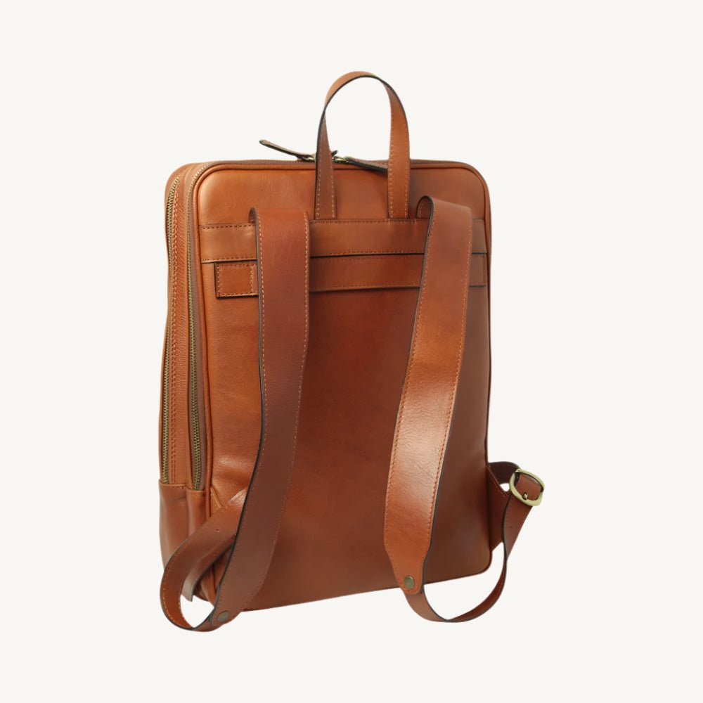 Full-grain leather backpack with two compartments (one padded for laptop), interior zip pocket, two exterior zip pockets, adjustable leather straps, and synthetic lining. Size 30x39x11 cm / 12x15.5x4.5 in, weight 1.3 kg.