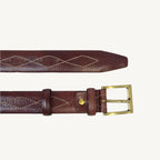 Premium full-grain cow leather belt with rhombus stitching and nubuck leather backing, 1.38 inches wide, designed for daily use.