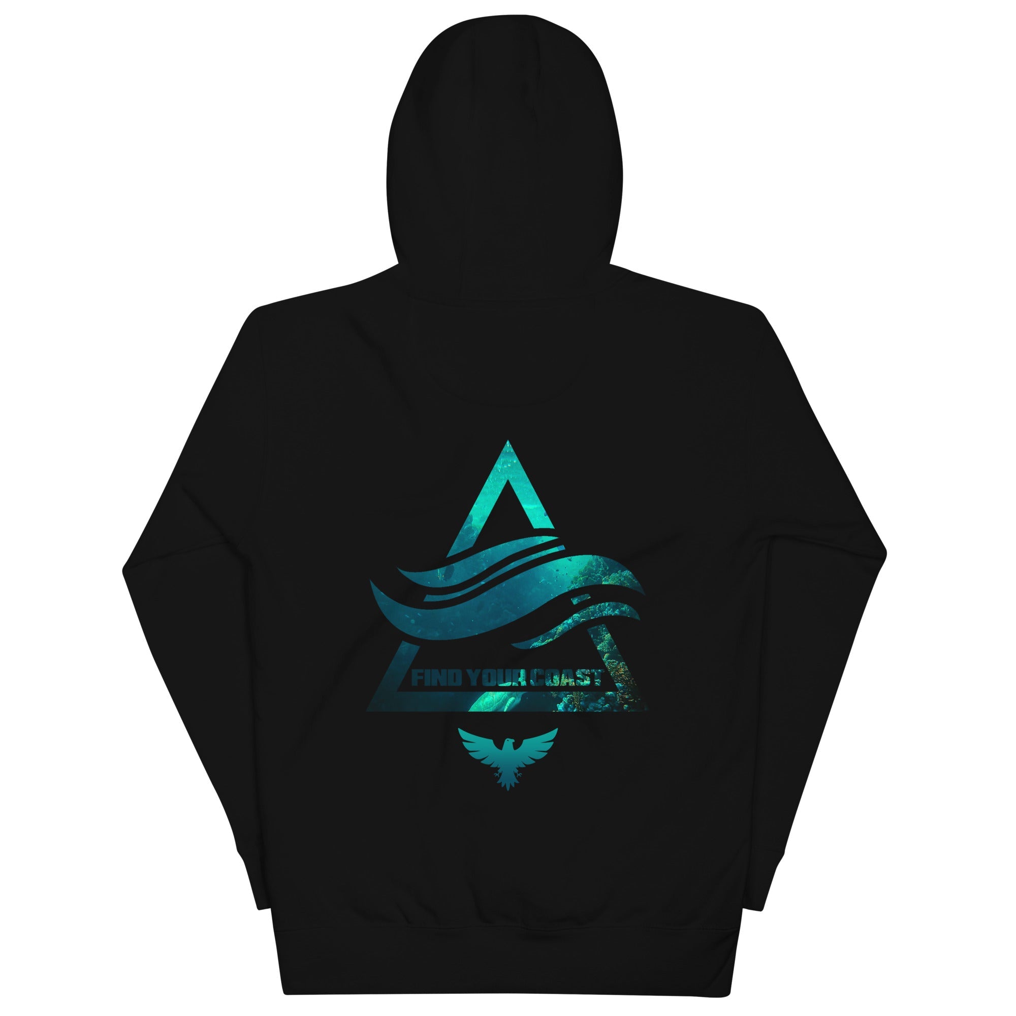 Black hoodie with teal graphic design on the back against a white background