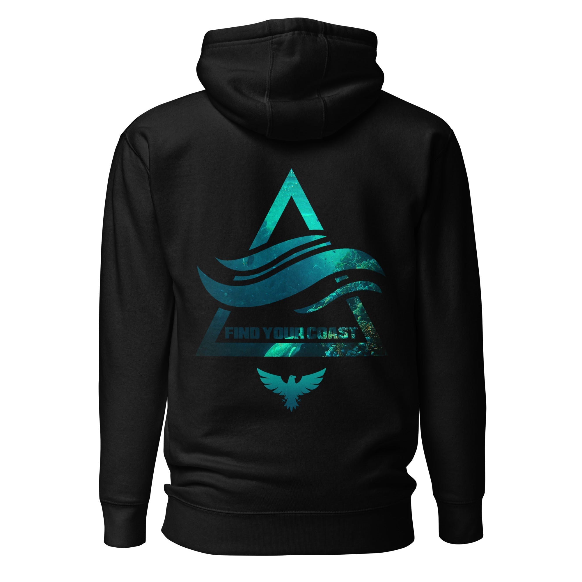 Black hoodie with blue graphic design on the back against a white background