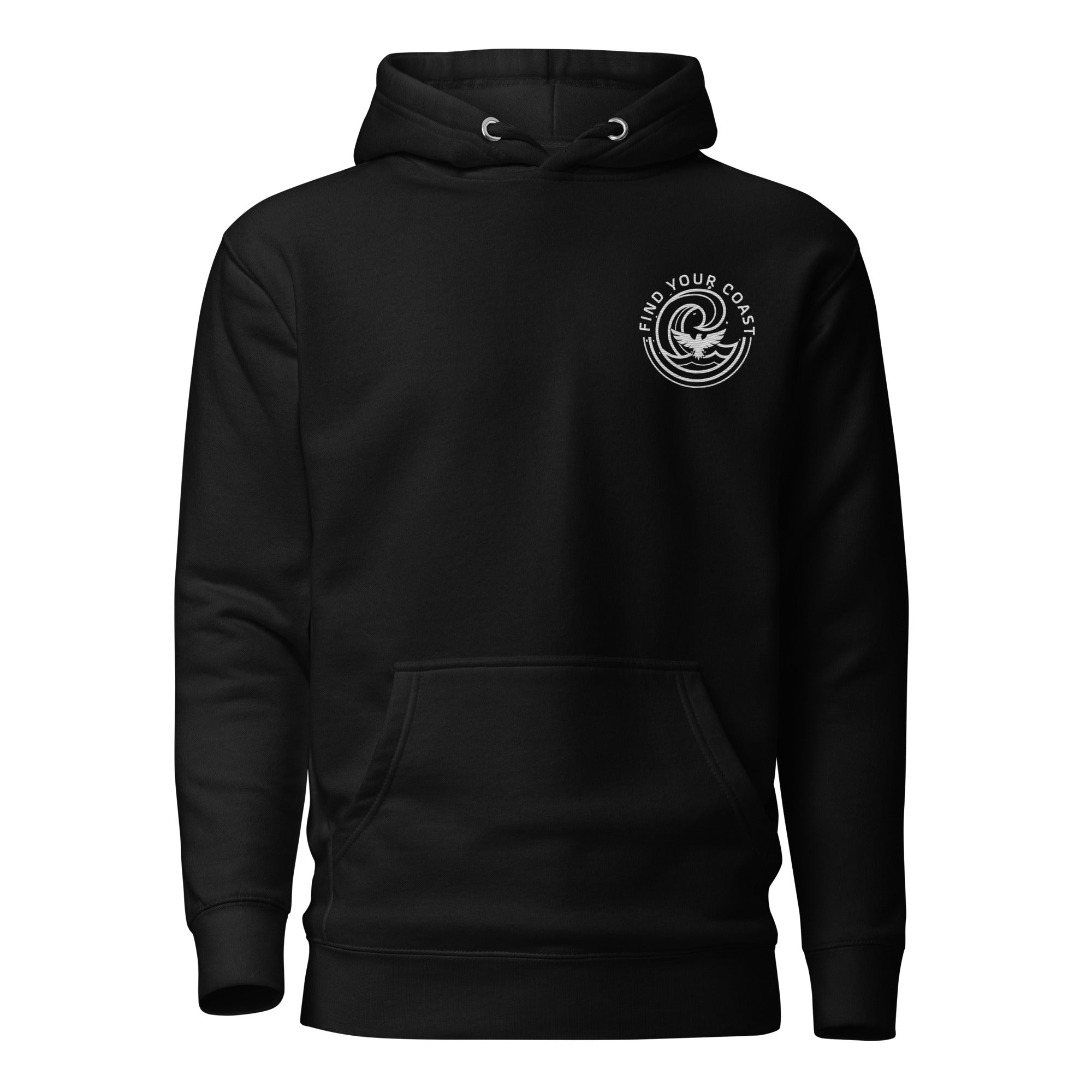 Black hoodie with a logo on the chest against a white background