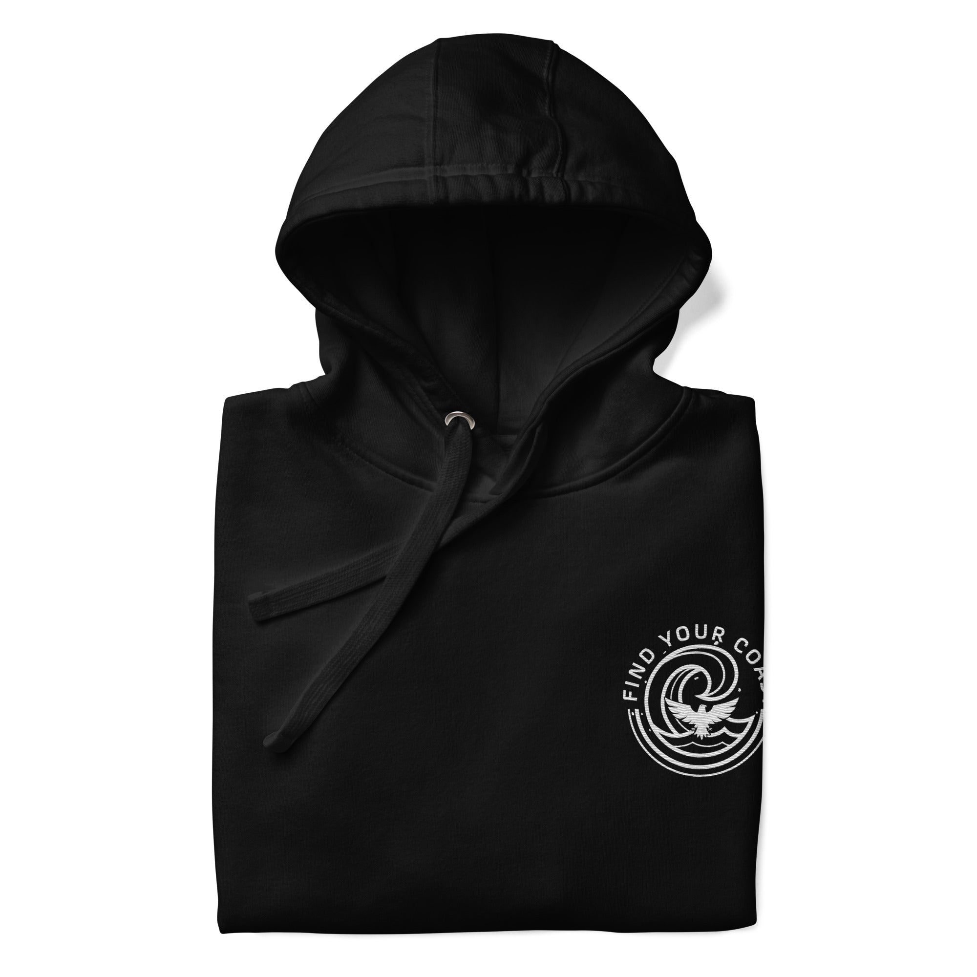 Black hoodie with a logo on the sleeve against a white background