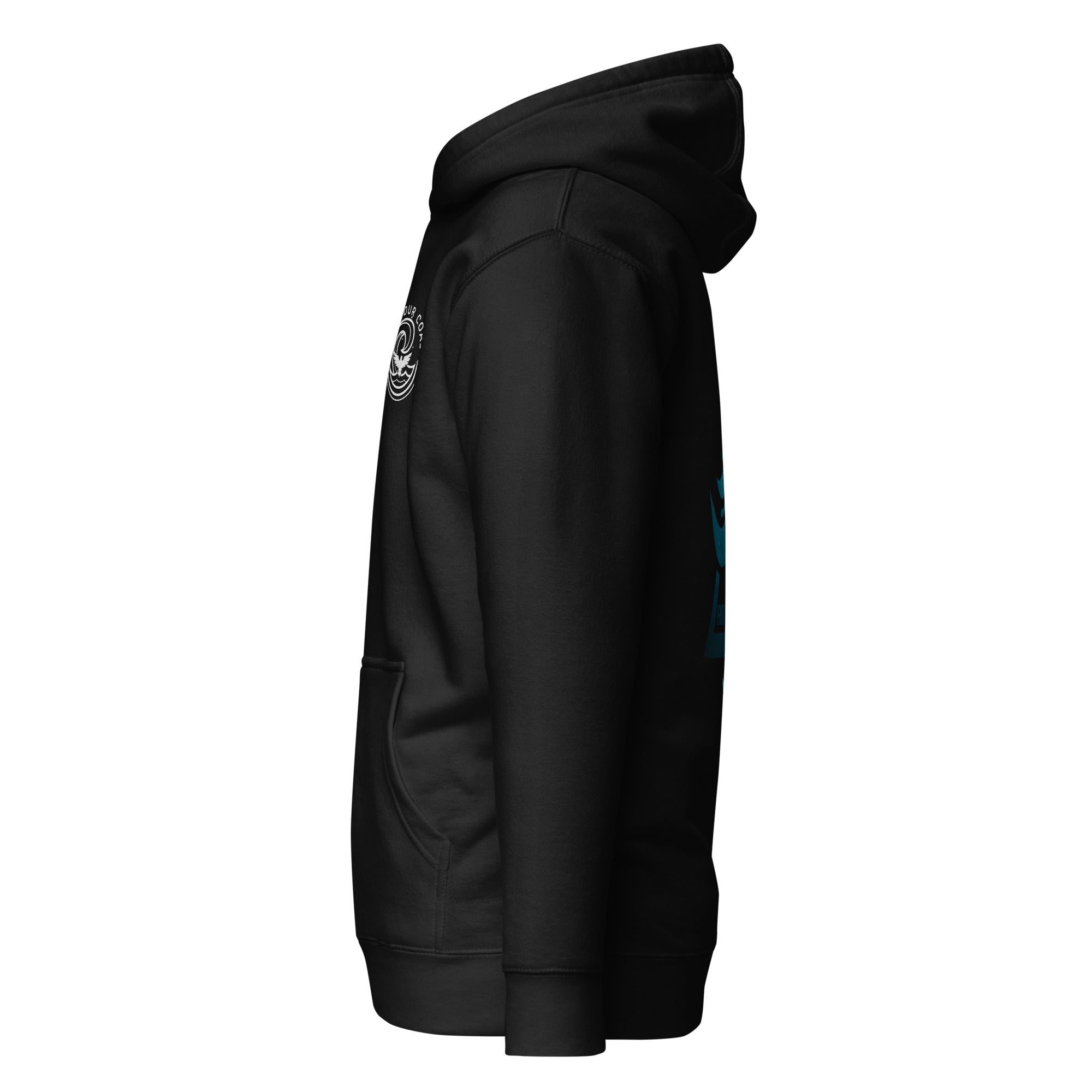 Black hoodie with a logo on the chest against a white background