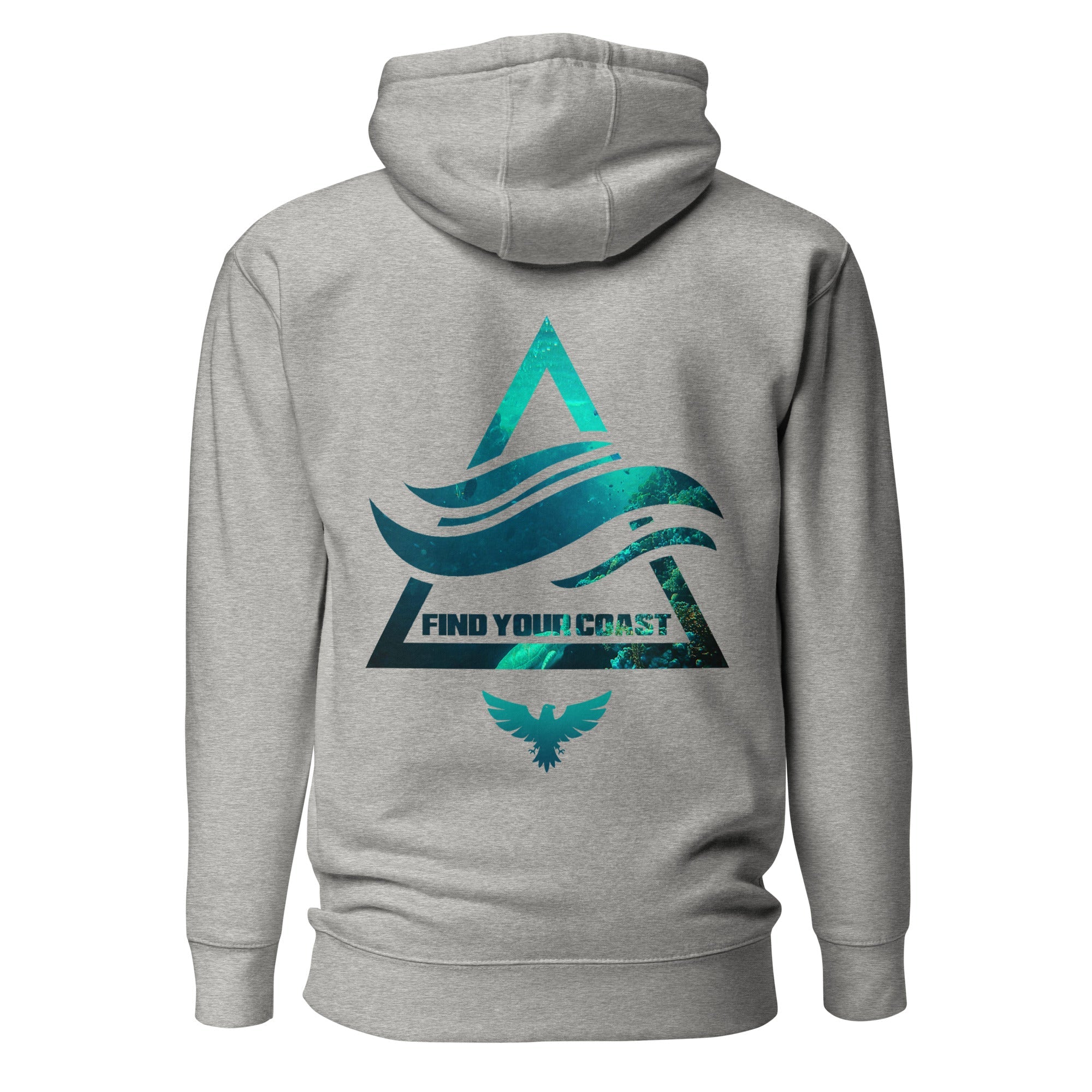 Gray hoodie with teal graphic design on the back on a white background