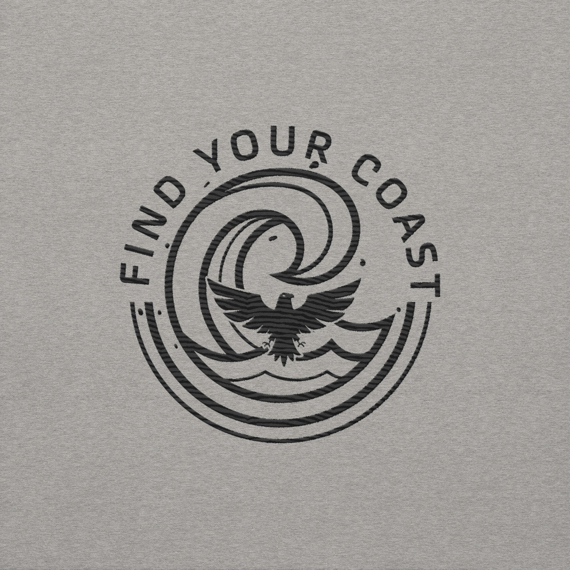 Logo with an eagle and waves on a gray background, featuring the text 'Find Your Coast'.