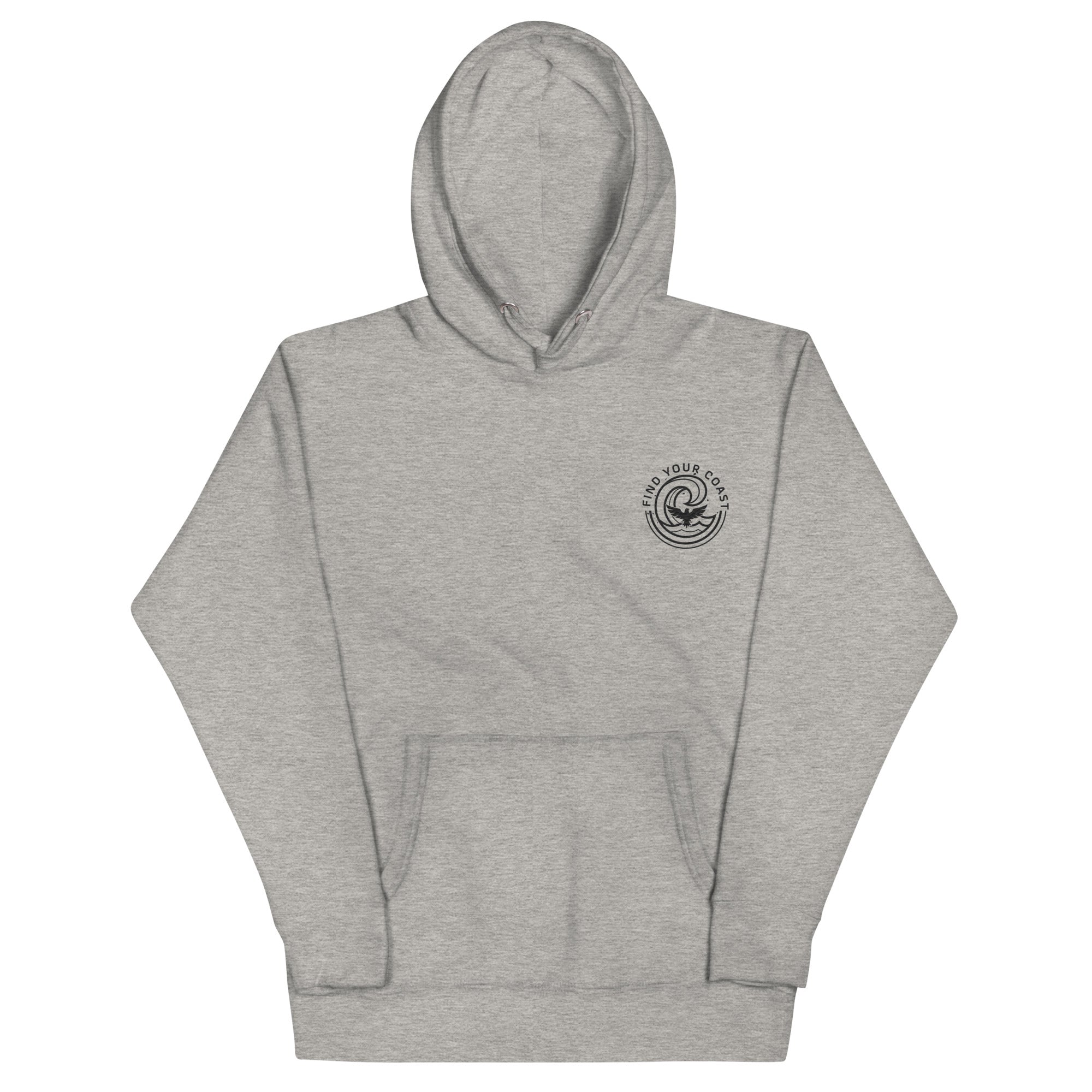 Gray hoodie with a logo on the chest against a white background