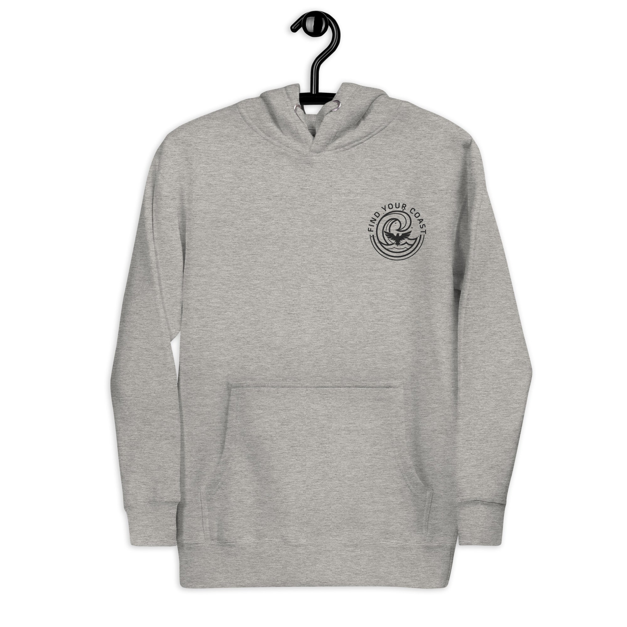 Gray hoodie with a logo on the chest, hanging against a white background