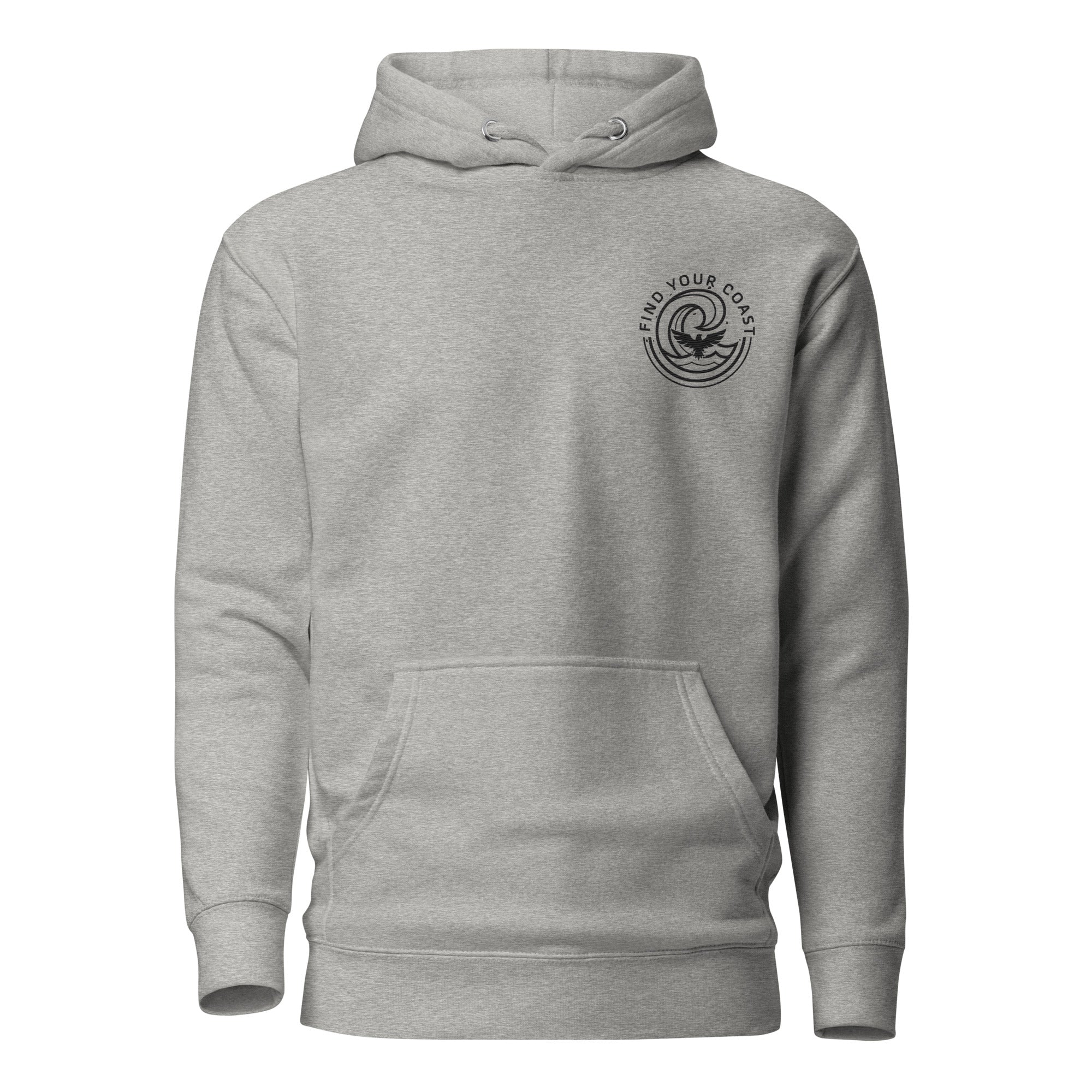 Gray hoodie with a logo on the chest against a white background