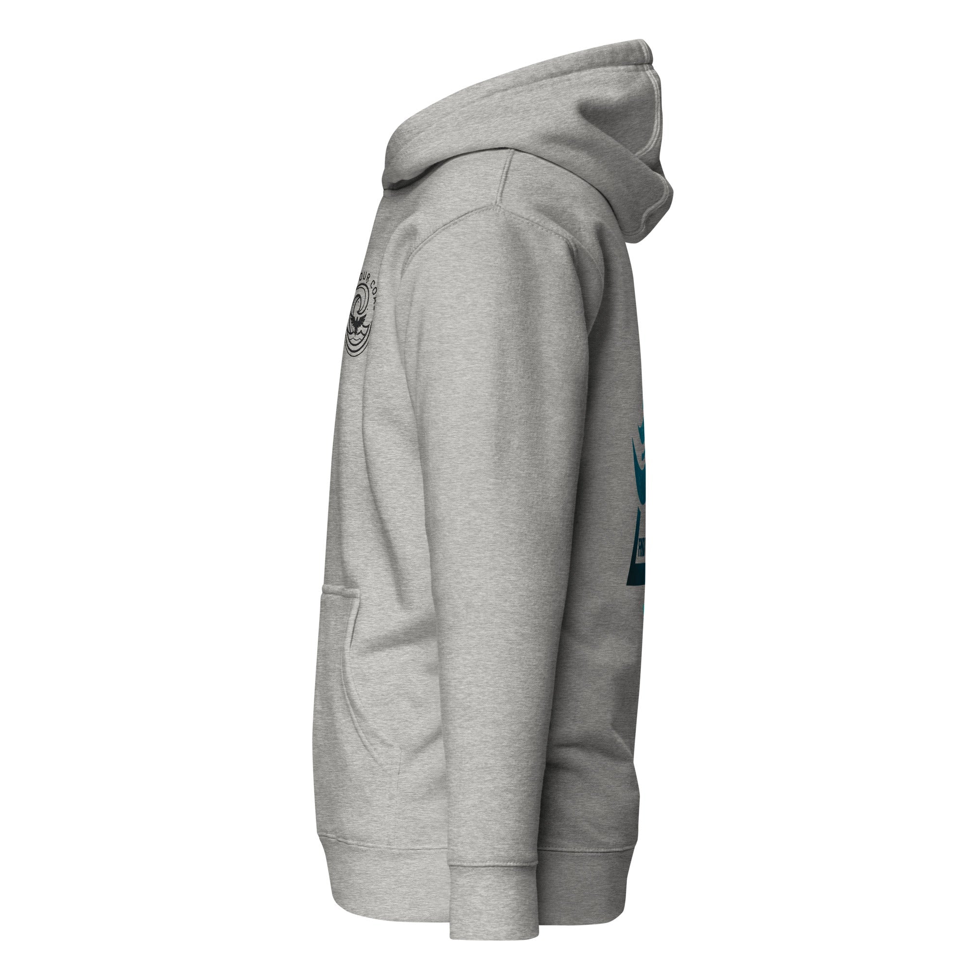 Gray hoodie with a logo on the chest and sleeve against a white background