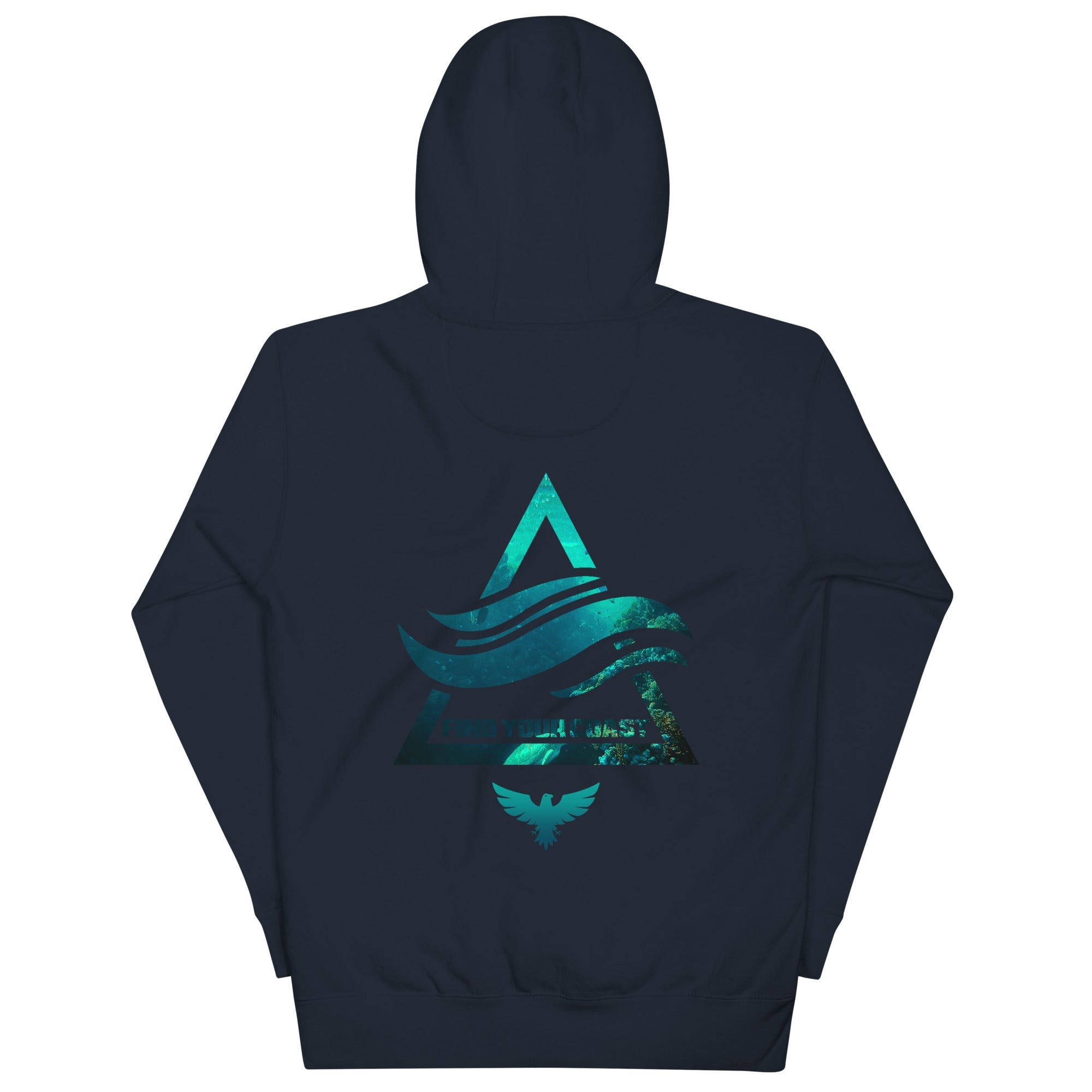 Navy blue hoodie with teal graphic design on a white background