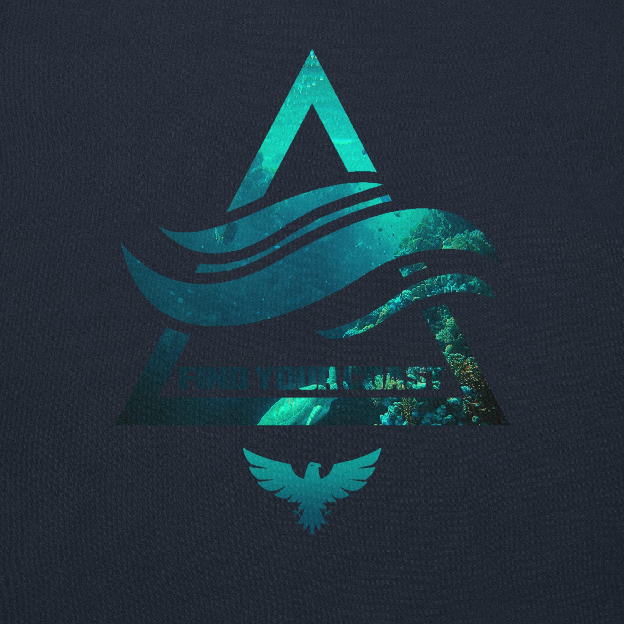 Teal logo with mountain and wave design on a dark background
