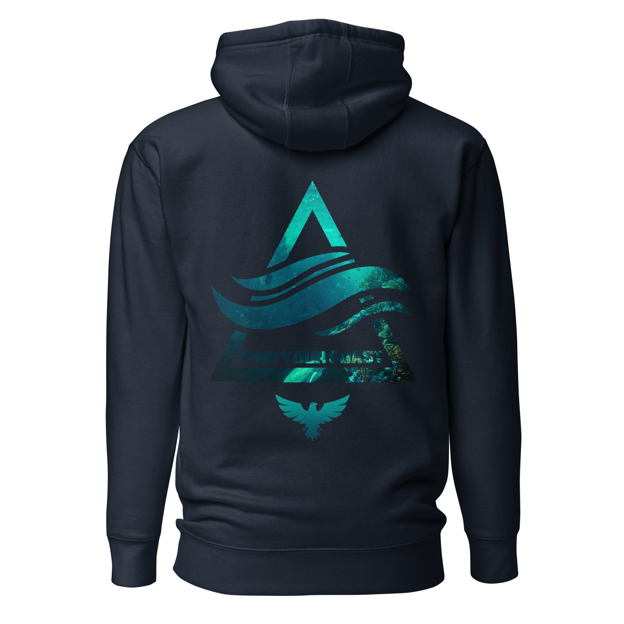 Black hoodie with blue graphic design on the back against a white background