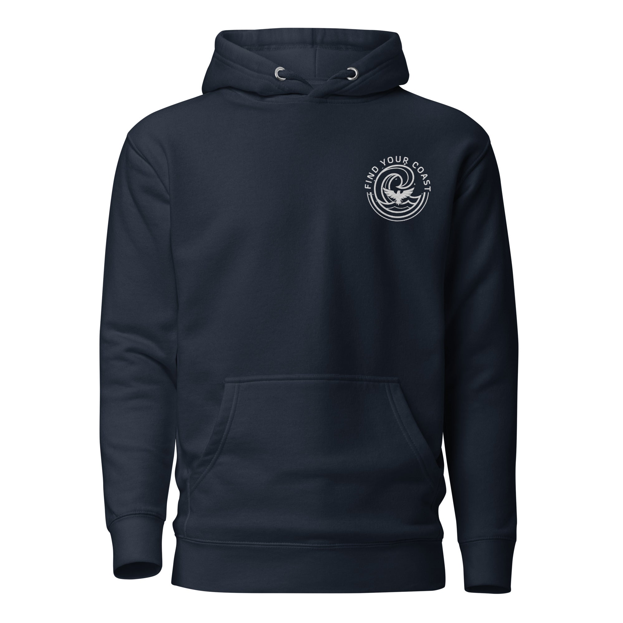 Navy blue hoodie with a logo on the chest against a white background
