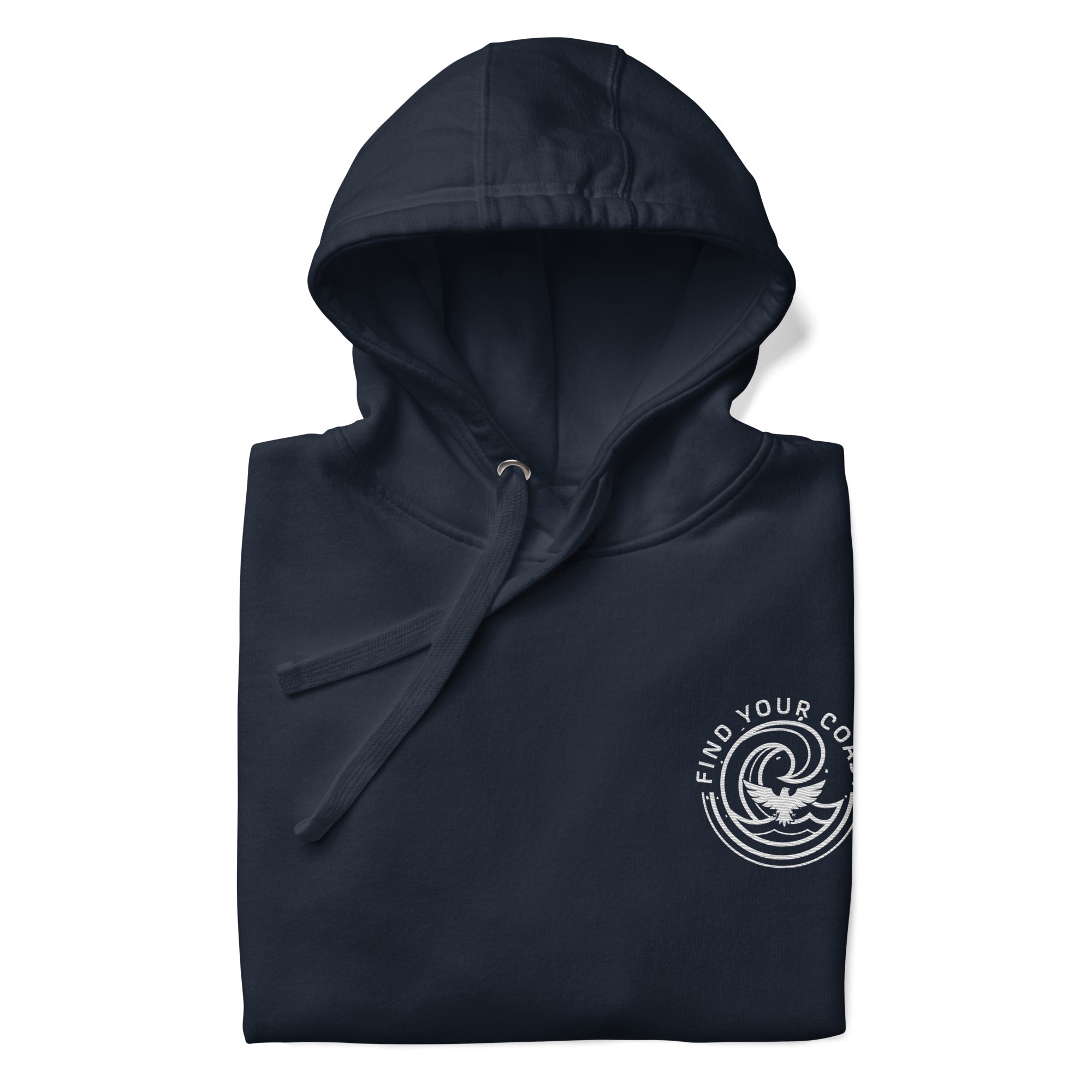 Black hoodie with a logo on the sleeve against a white background