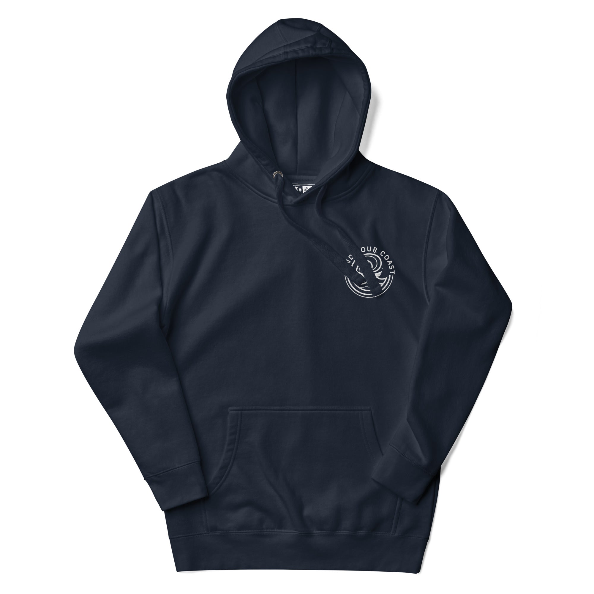 Navy blue hoodie with a logo on the chest against a white background