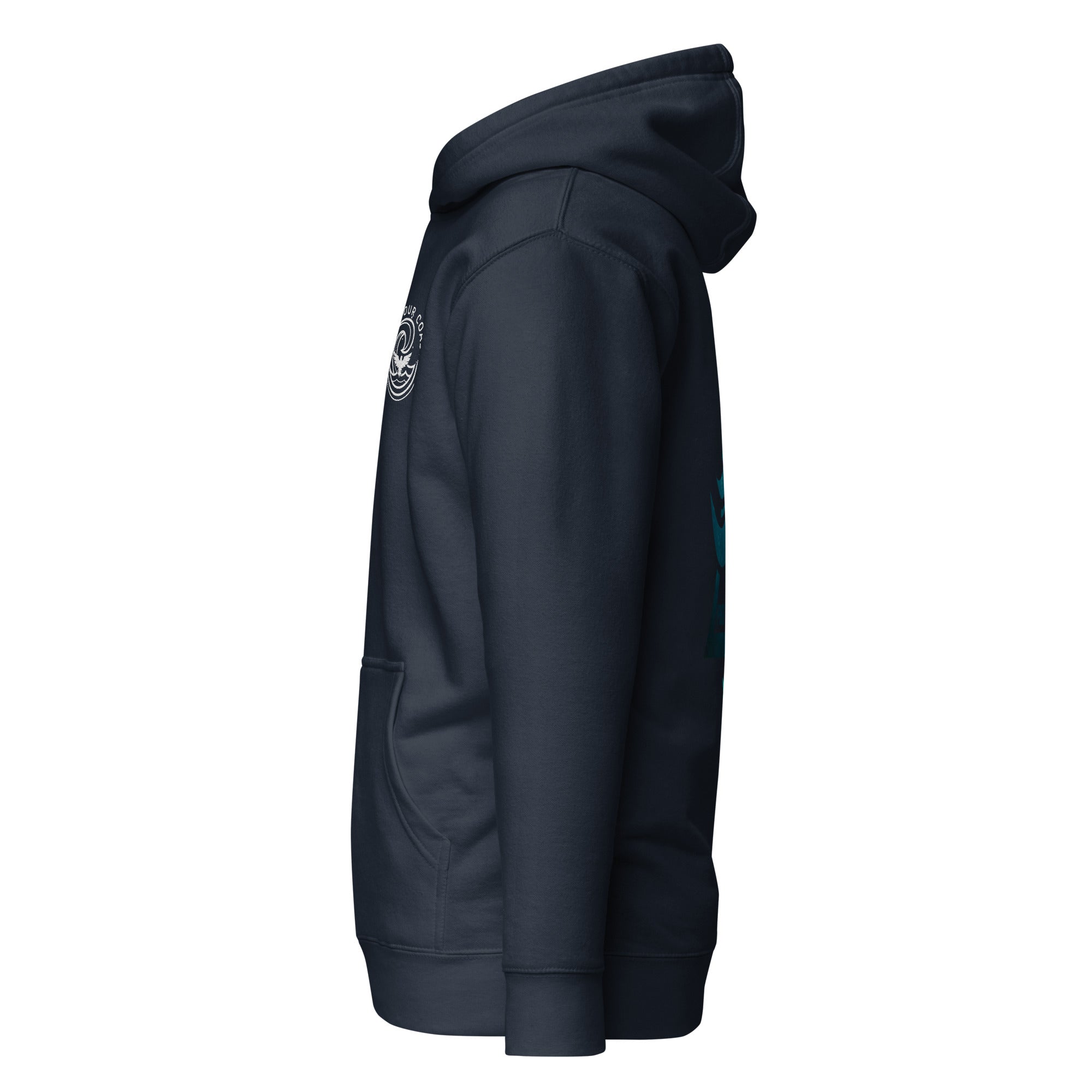 Black hoodie with a logo on the chest against a white background