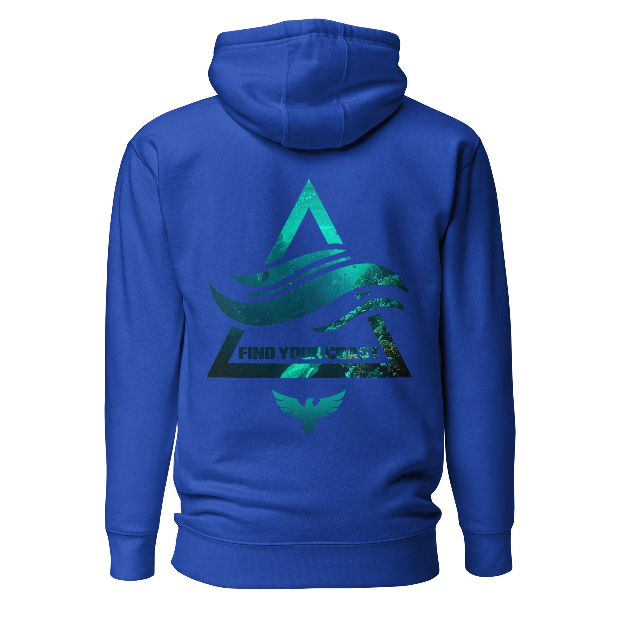 Blue hoodie with green geometric design on the back against a white background