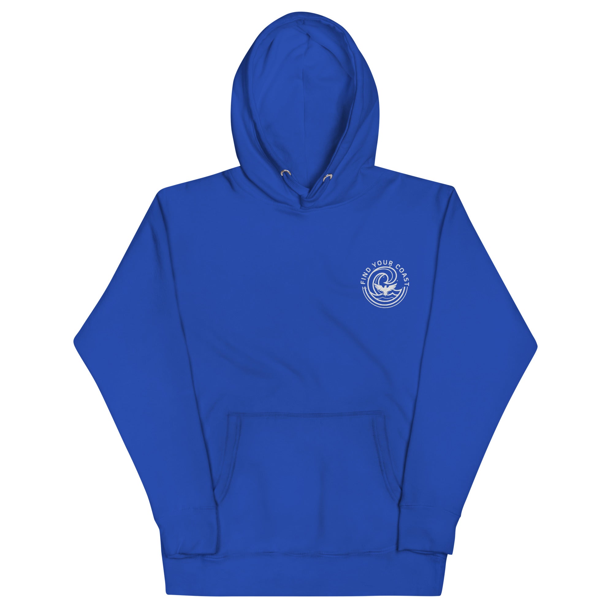 Blue hoodie with a logo on the chest against a white background