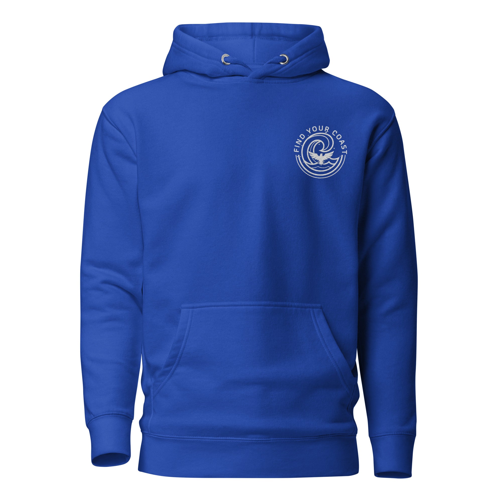 Blue hoodie with a logo on the chest against a white background