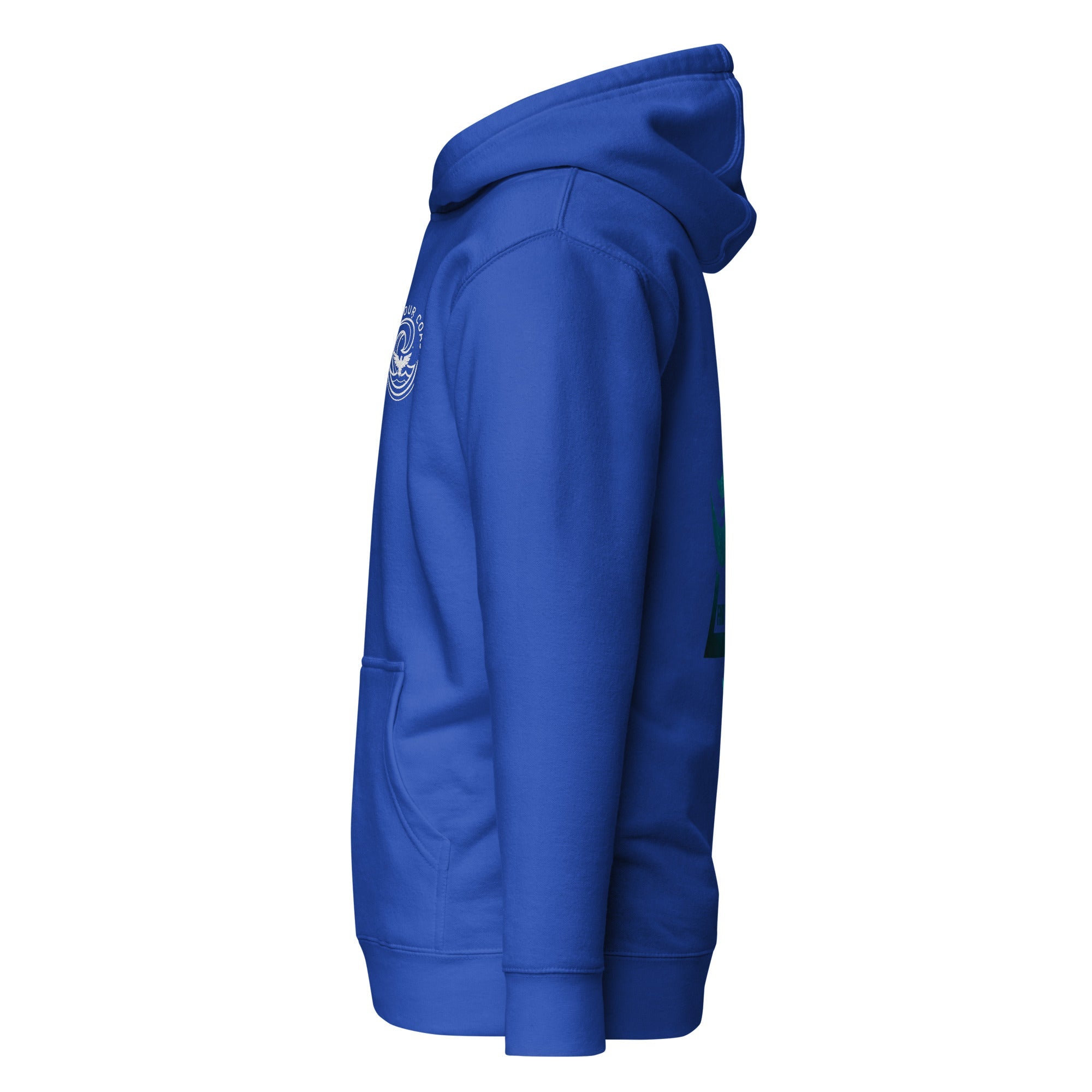 Blue hoodie with a logo on the sleeve against a white background