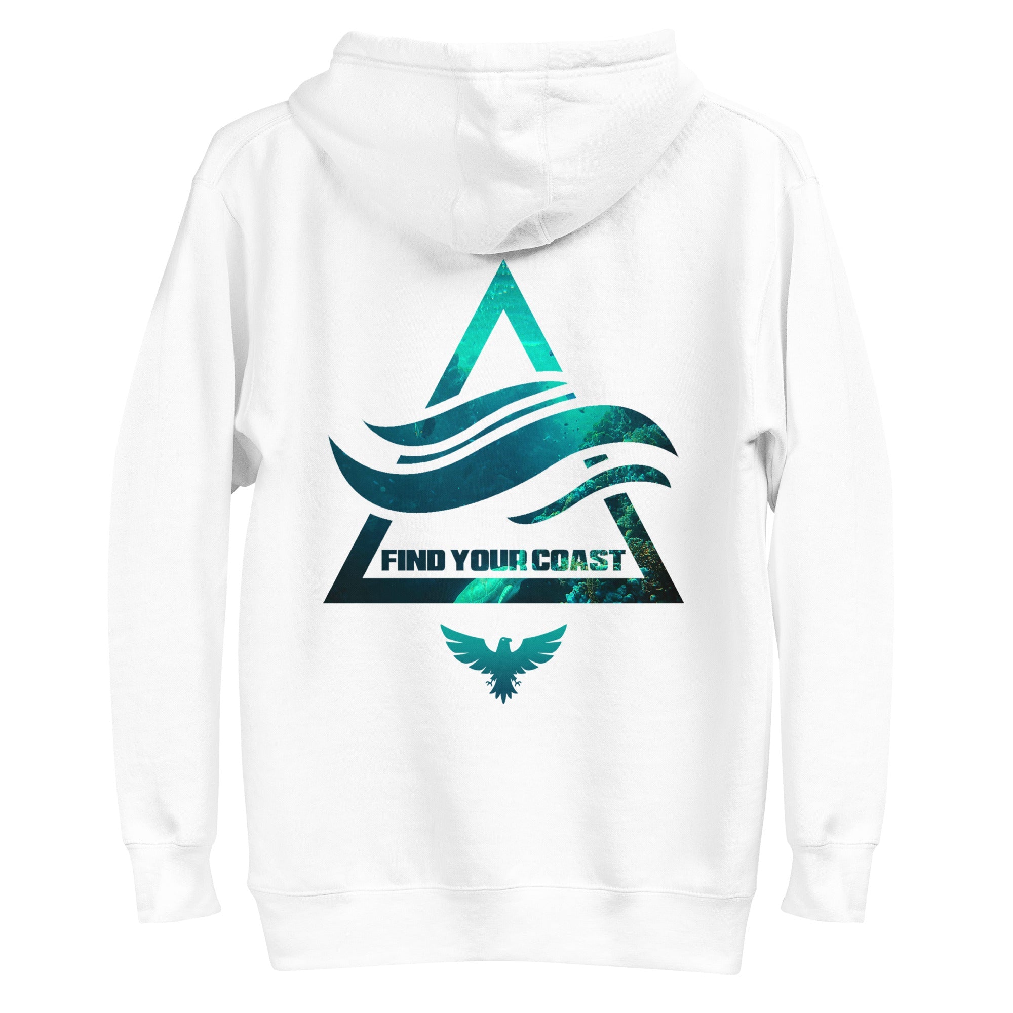 White hoodie with teal and black graphic design on a white background