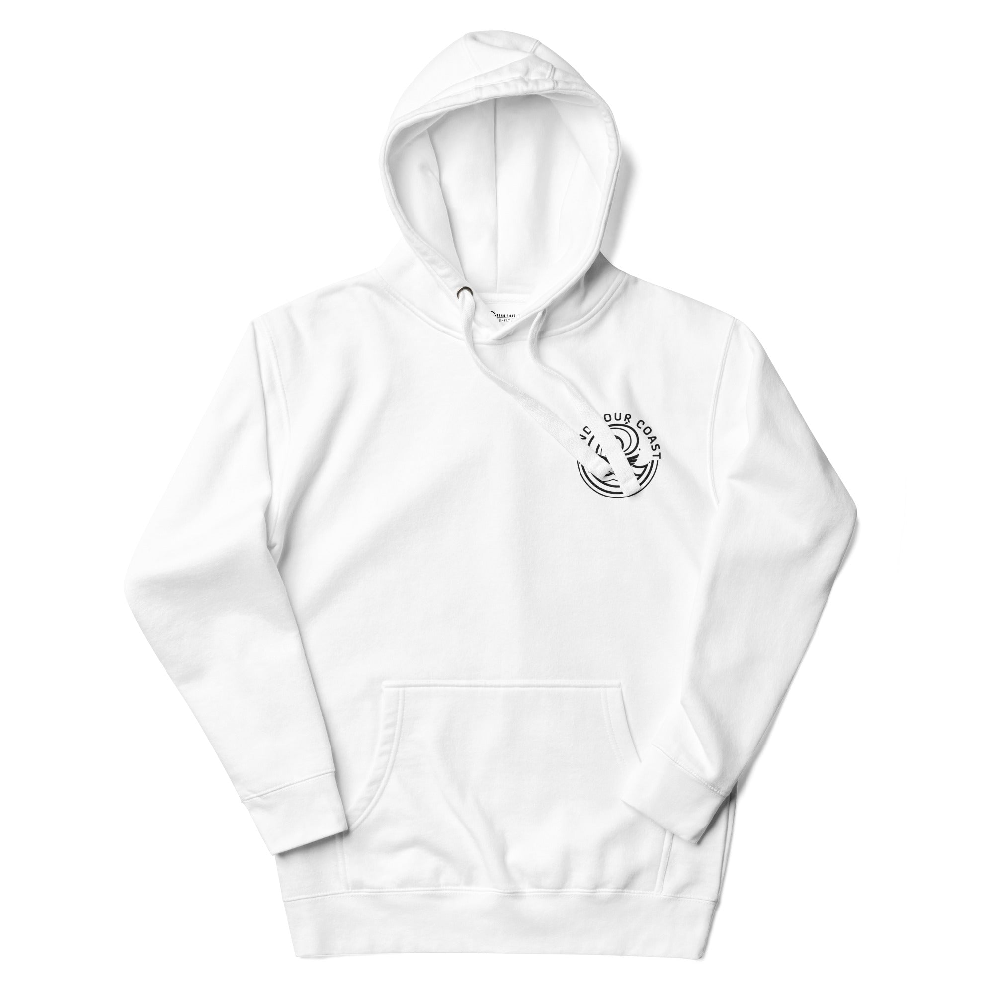 White hoodie with a logo on the chest against a white background