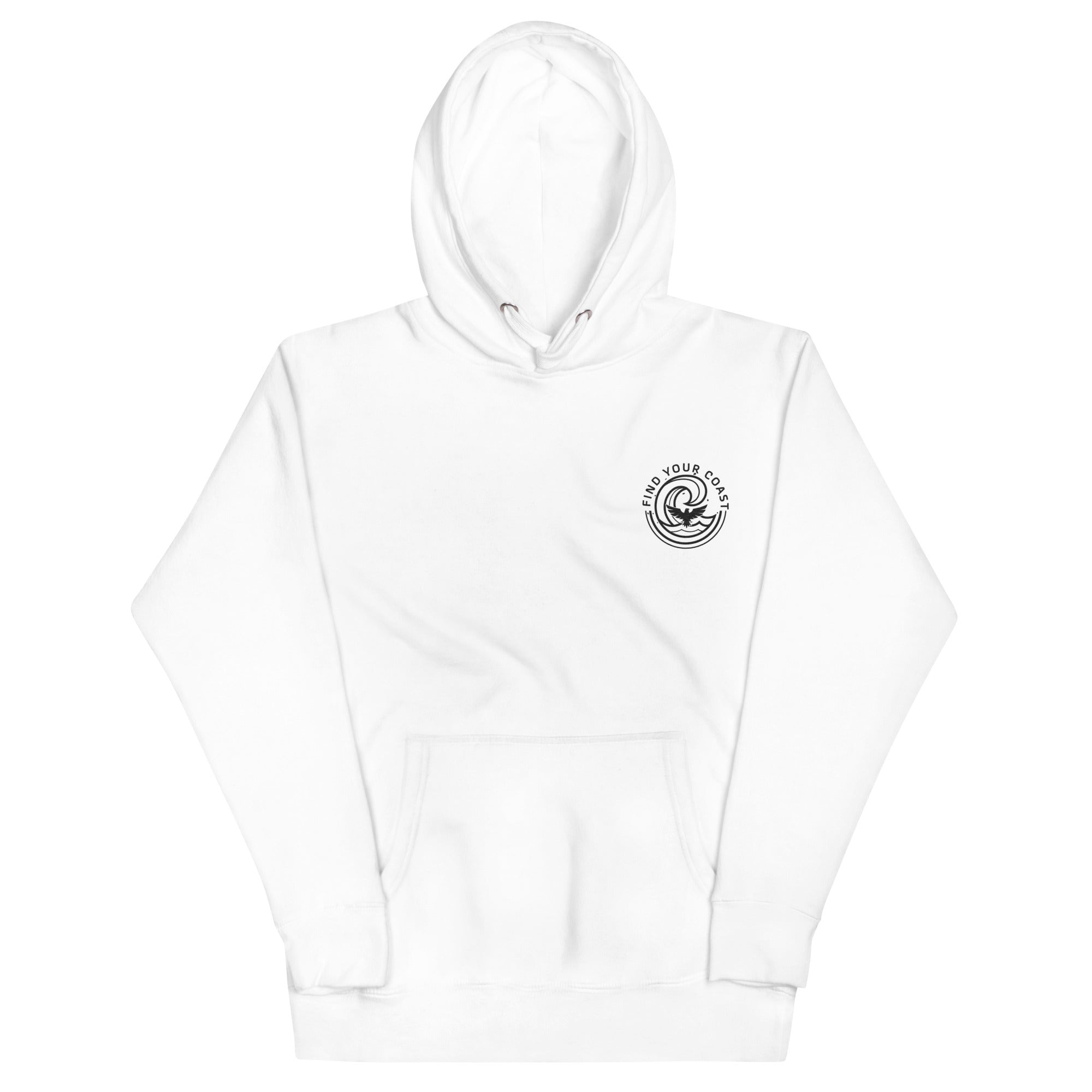 White hoodie with a logo on the chest against a white background
