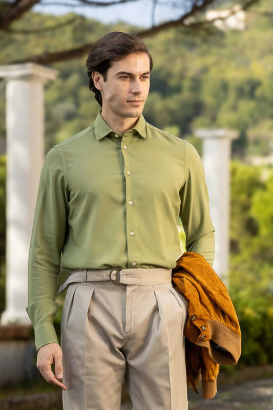 Green cotton and viscose shirt — soft, breathable, and stylish, designed for autumn and winter, offering comfort and a touch of casual elegance.