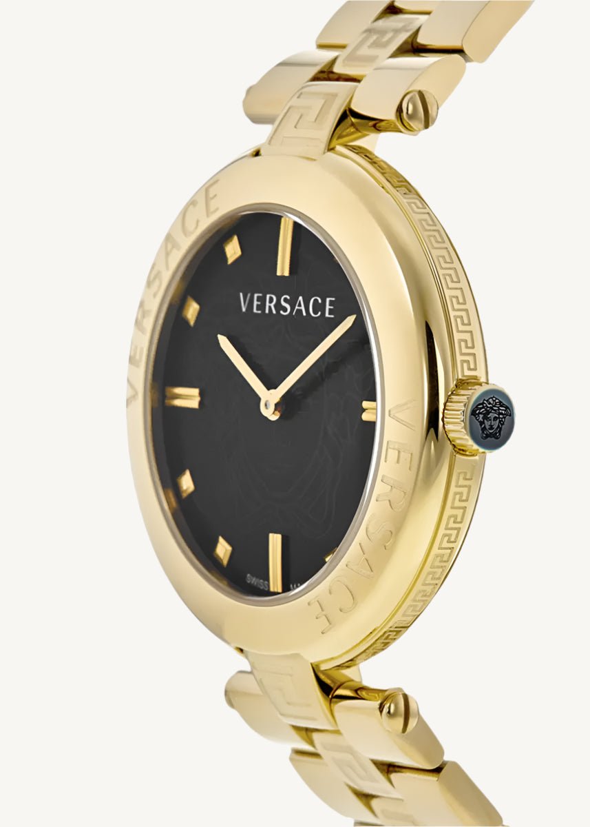 Versace VE2J00721 New Lady ladies watch with gold-tone polished stainless steel case and bracelet, black dial, and anti-reflective sapphire glass – elegant Swiss-made timepiece.