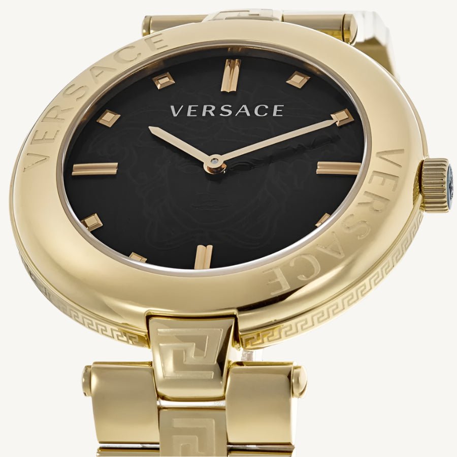 Versace VE2J00721 New Lady ladies watch with gold-tone polished stainless steel case and bracelet, black dial, and anti-reflective sapphire glass – elegant Swiss-made timepiece.